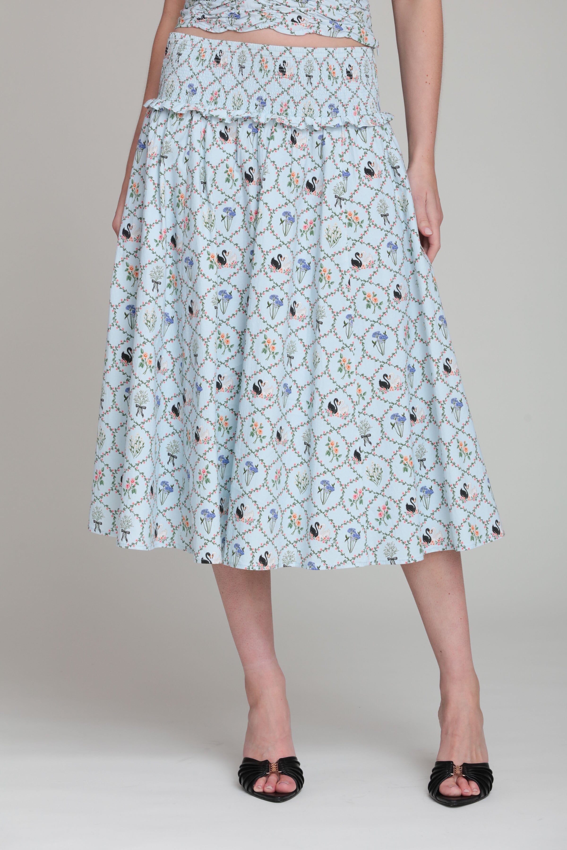 Floral printed light blue cotton flowy midi skirt - Shop women's cute midi skirts by Avec Les Filles