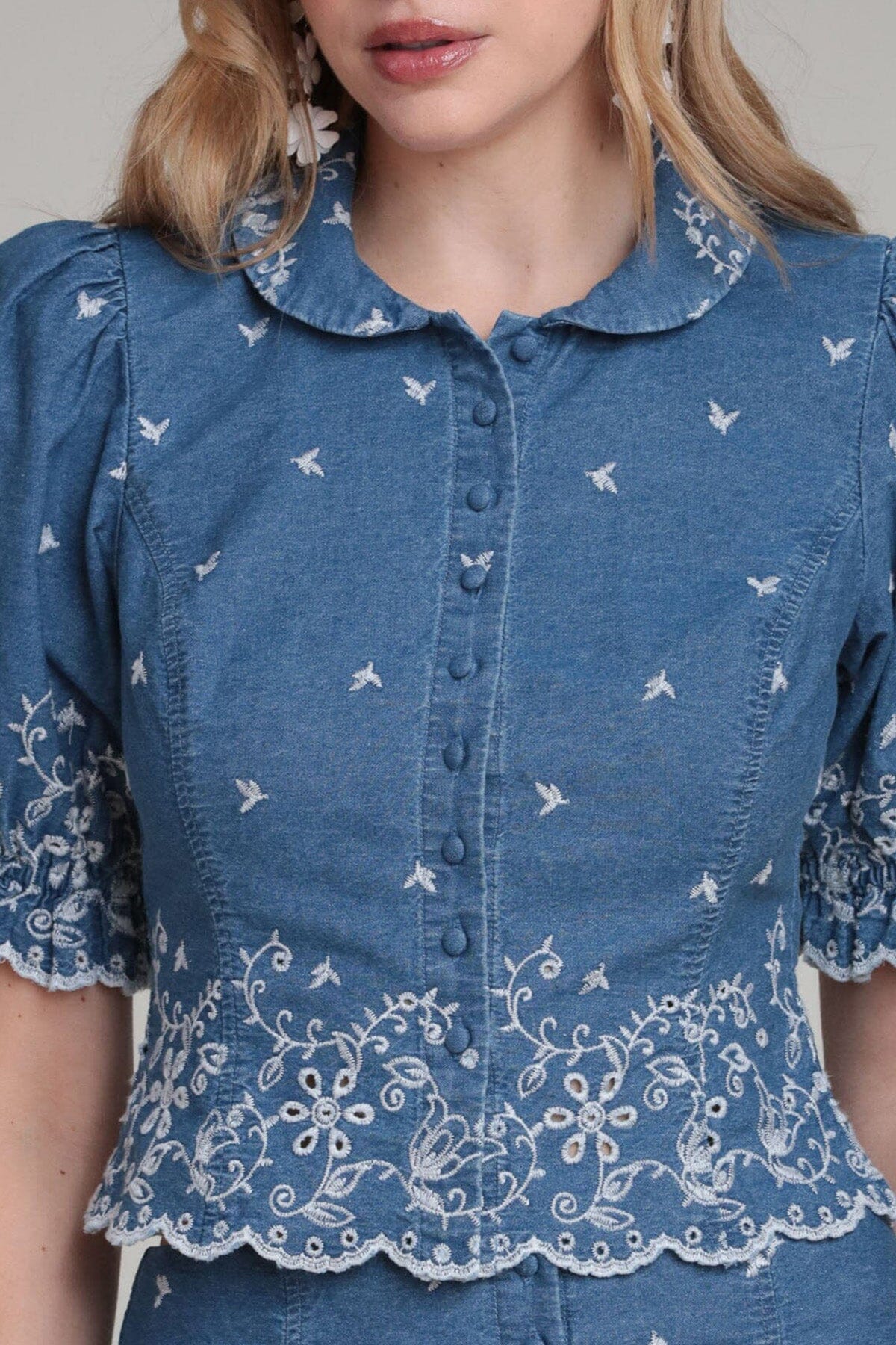 Cotton denim blue chambray top with puff short sleeve and button front - Shop women's denim tops by Avec Les Filles