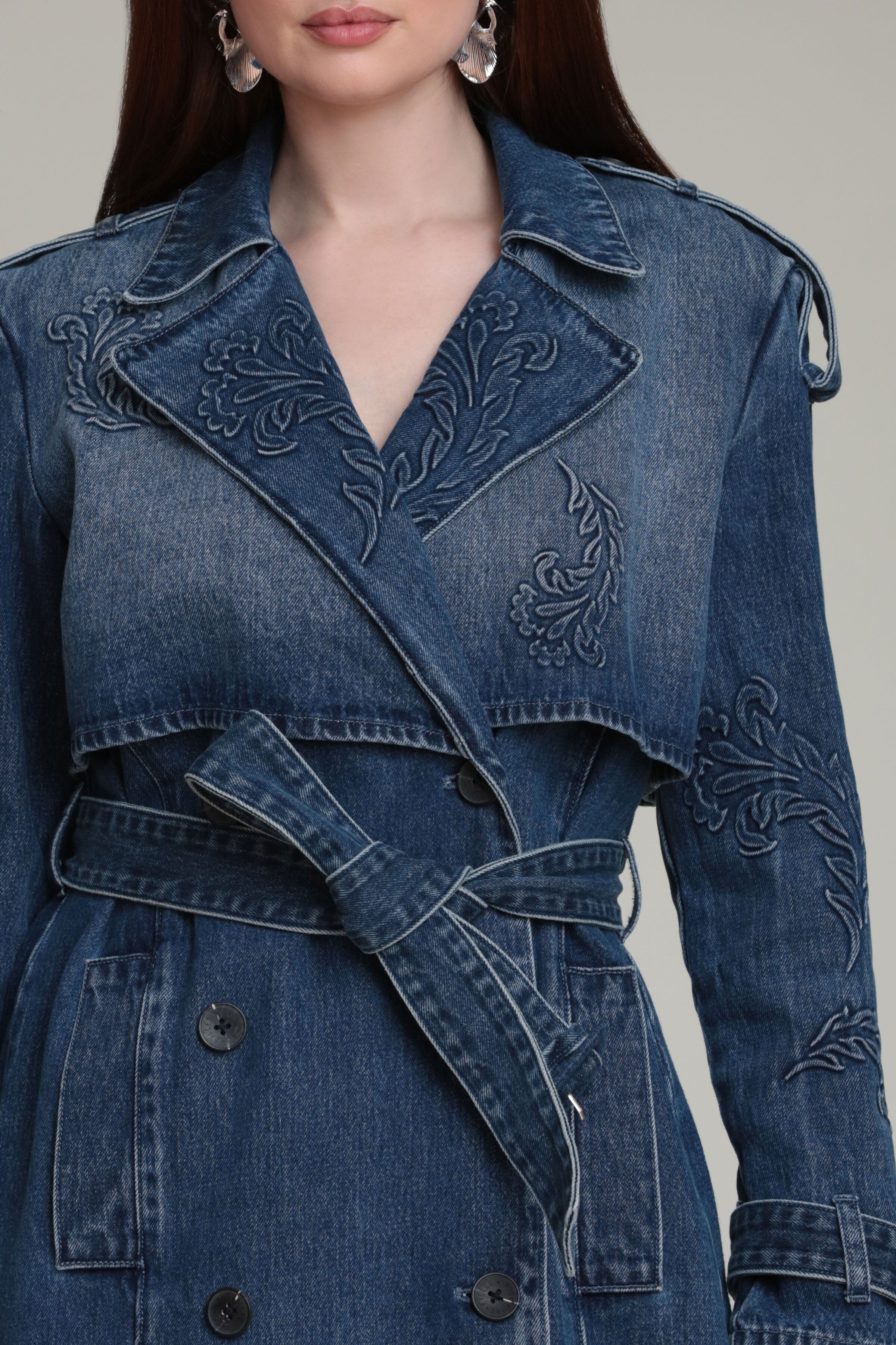 Deep blue double-breasted long denim trench coat in cotton with detachable belt - women’s trench coats by Avec Les Filles