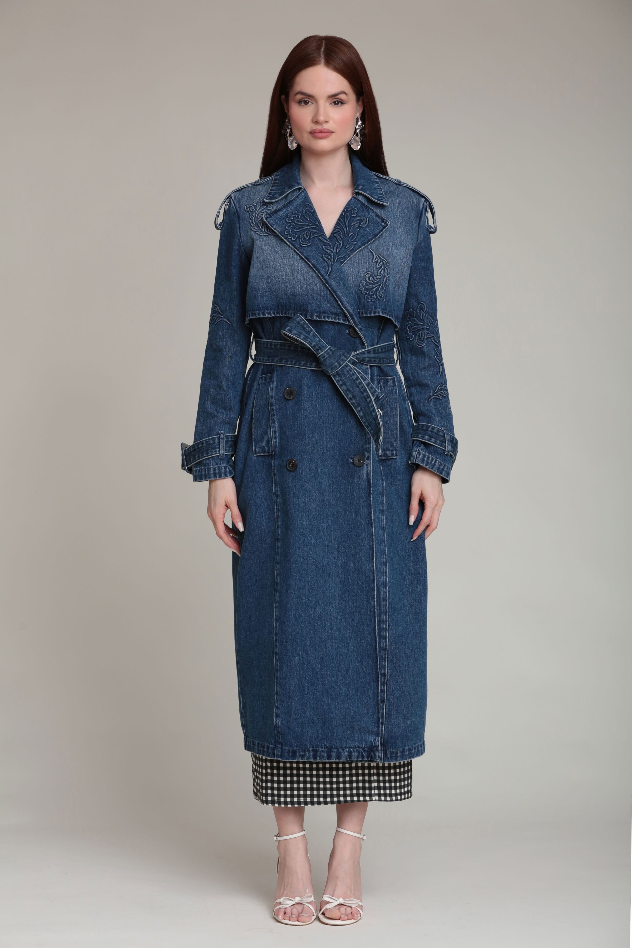 Deep blue denim trench coat womens in 100% cotton with a detachable belt - Shop long trench coats by Avec Les Filles