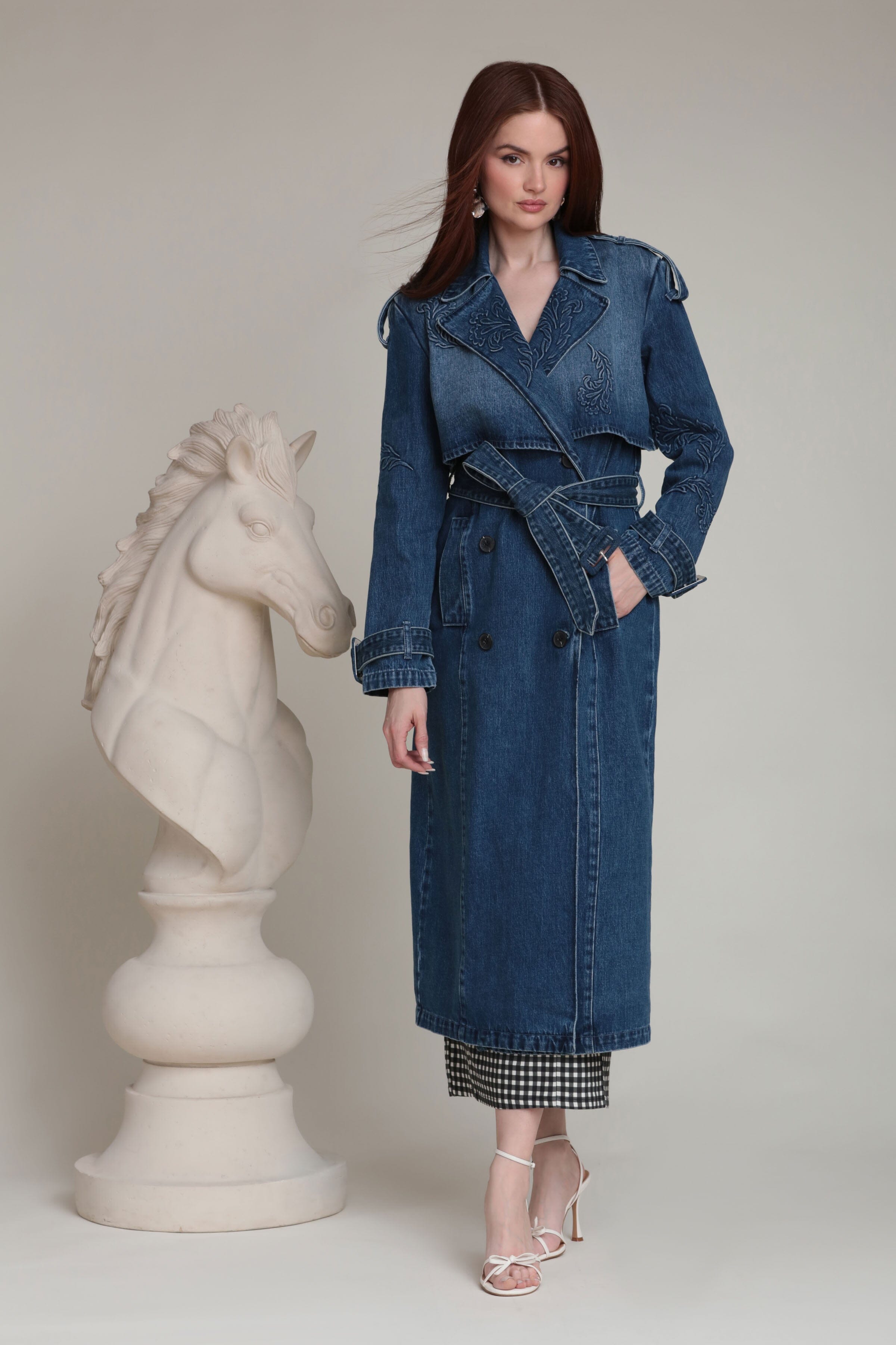 Deep blue double-breasted long denim trench coat with a detachable belt - Shop women’s trench coats by Avec Les Filles