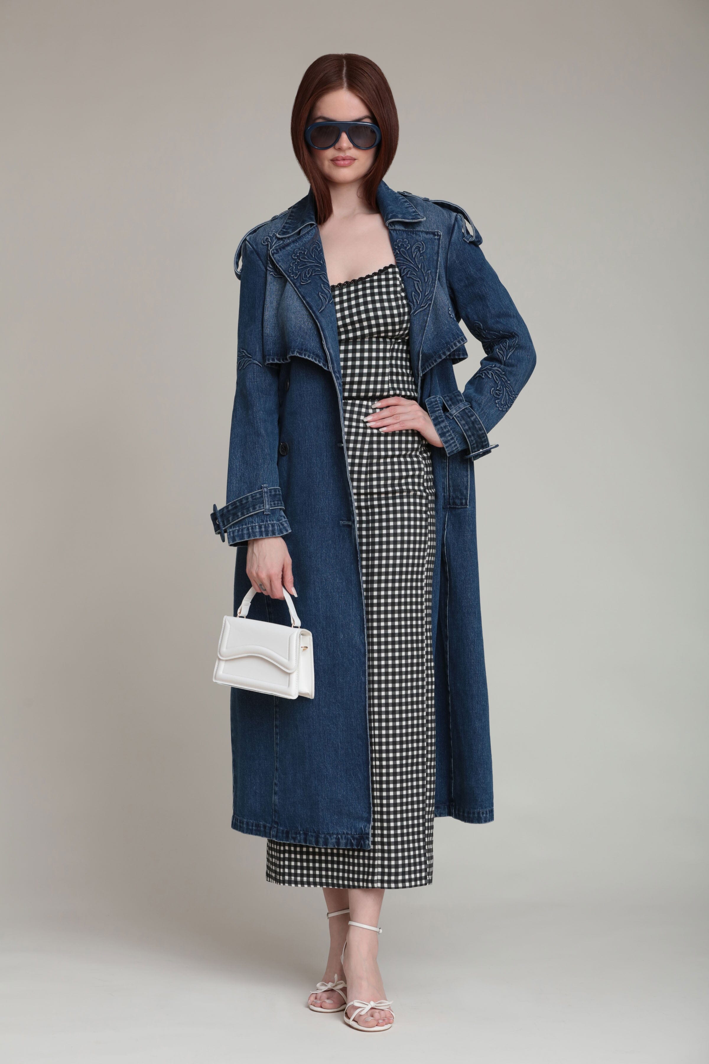 Deep blue double-breasted long denim trench coat in 100% cotton - Shop women’s trench coats by Avec Les Filles