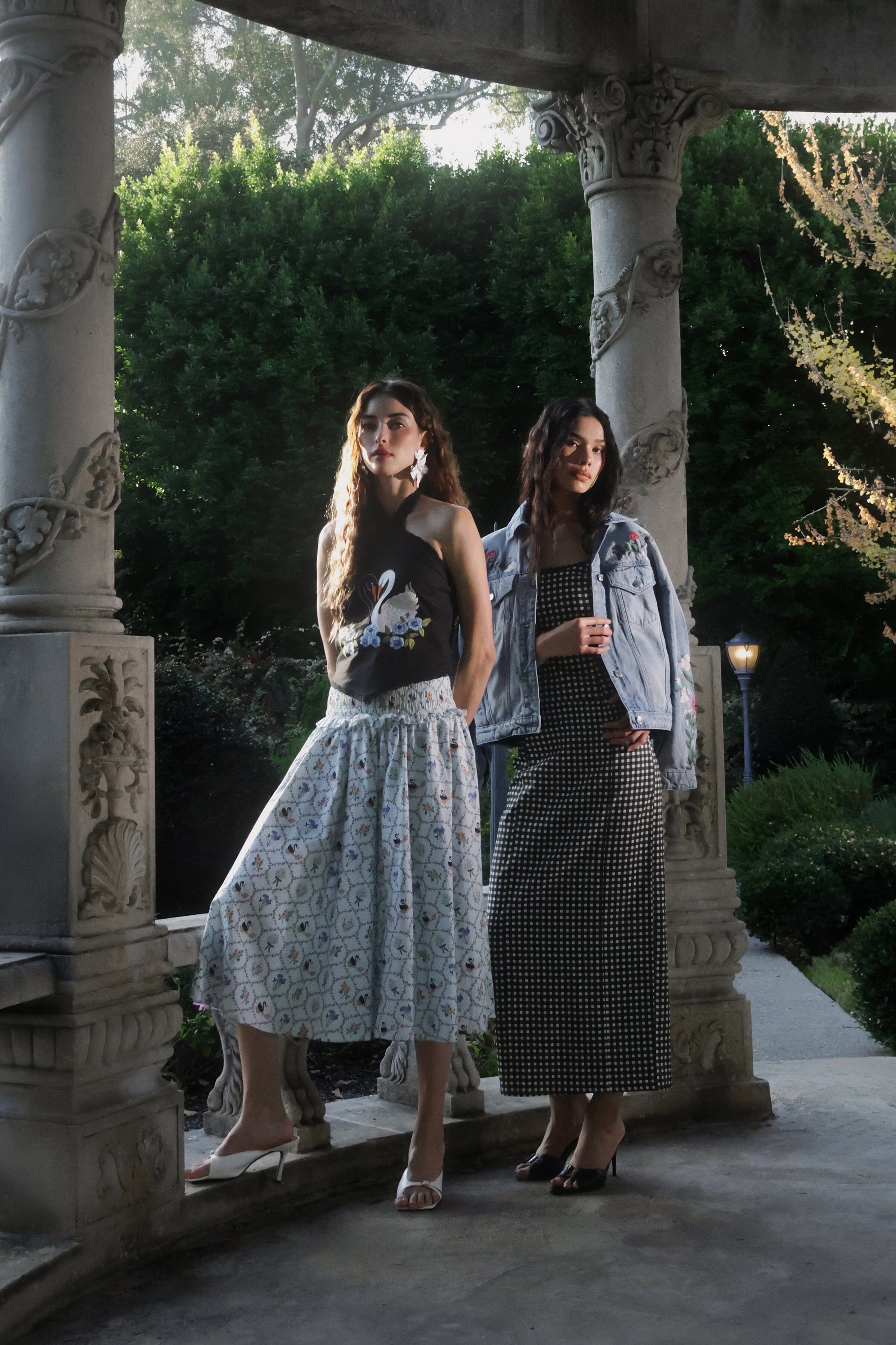 Swan embroidered black halter neck top with blue printed skirt - Shop women's cute crop tops & skirts by Avec Les Filles