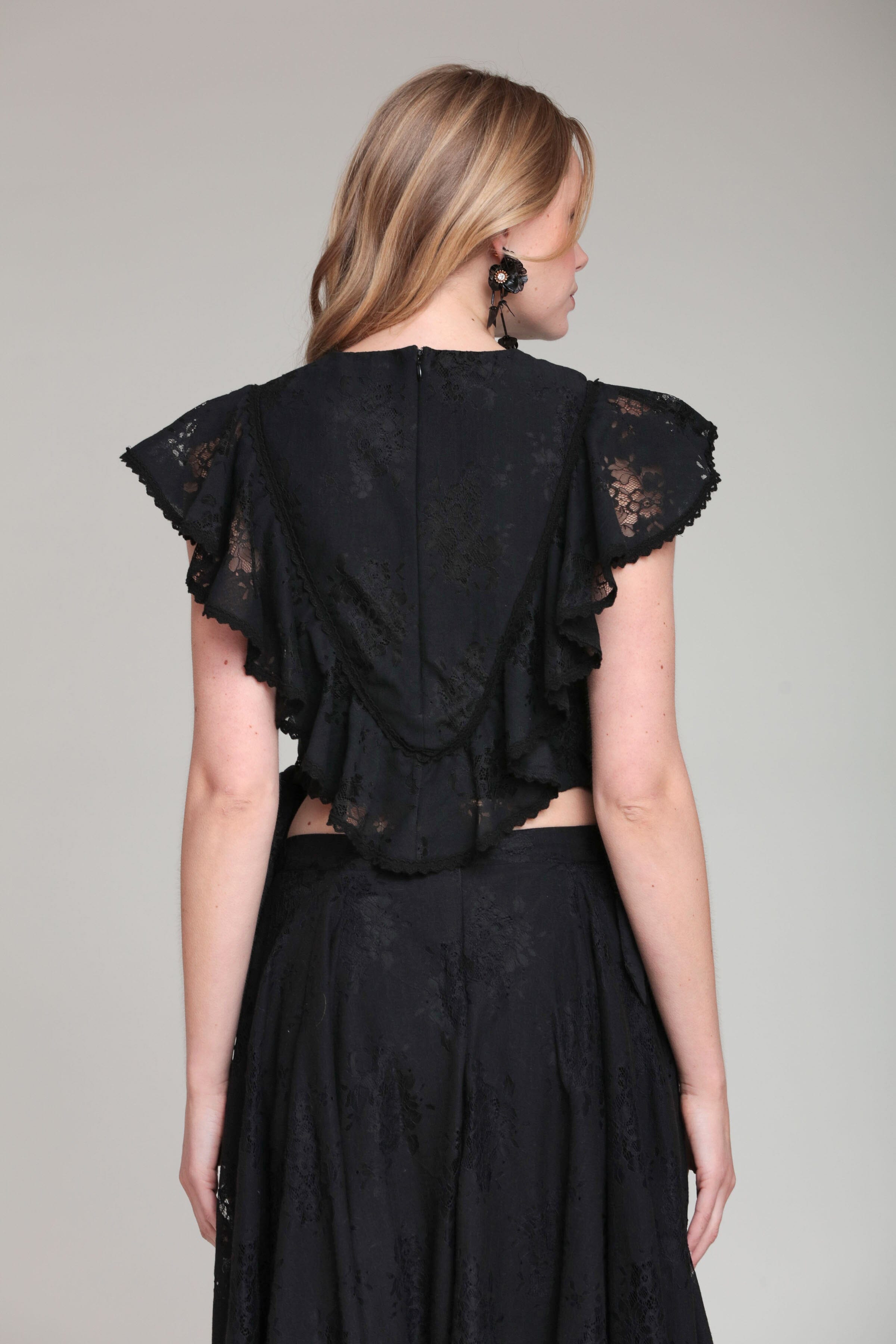 Lace ruffle & bow trim black crop top with adjustable ties - Shop women's cute crop tops by Avec Les Filles