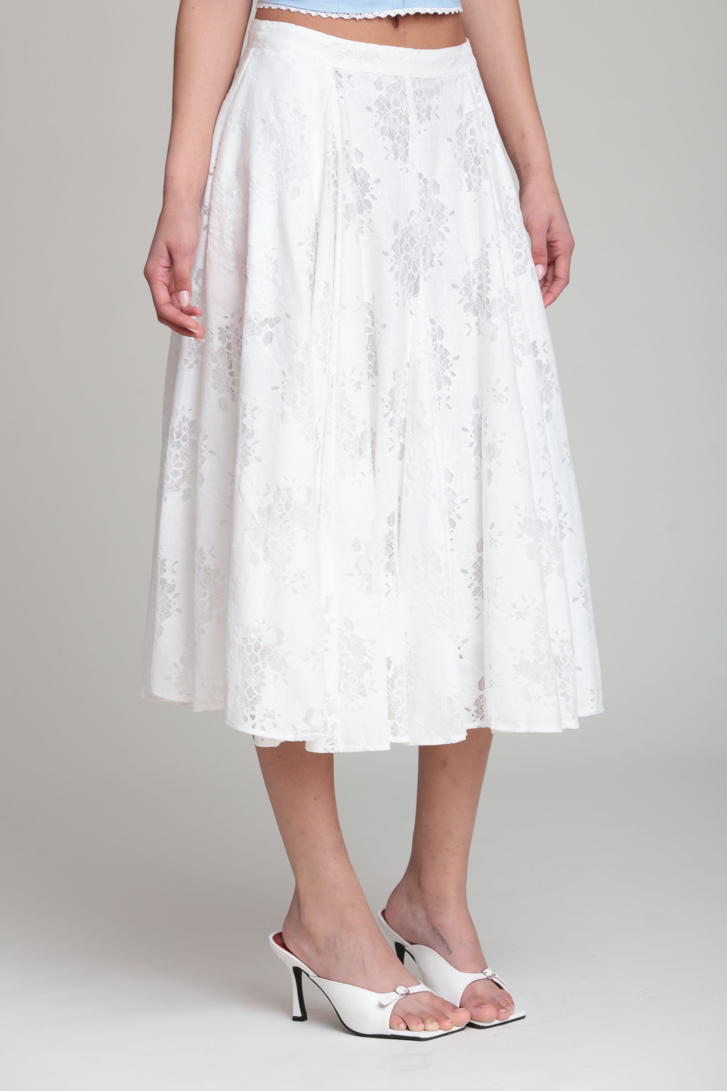 Cotton blend flared white lace midi skirt - Shop designer women's cute midi dresses by Avec Les Filles
