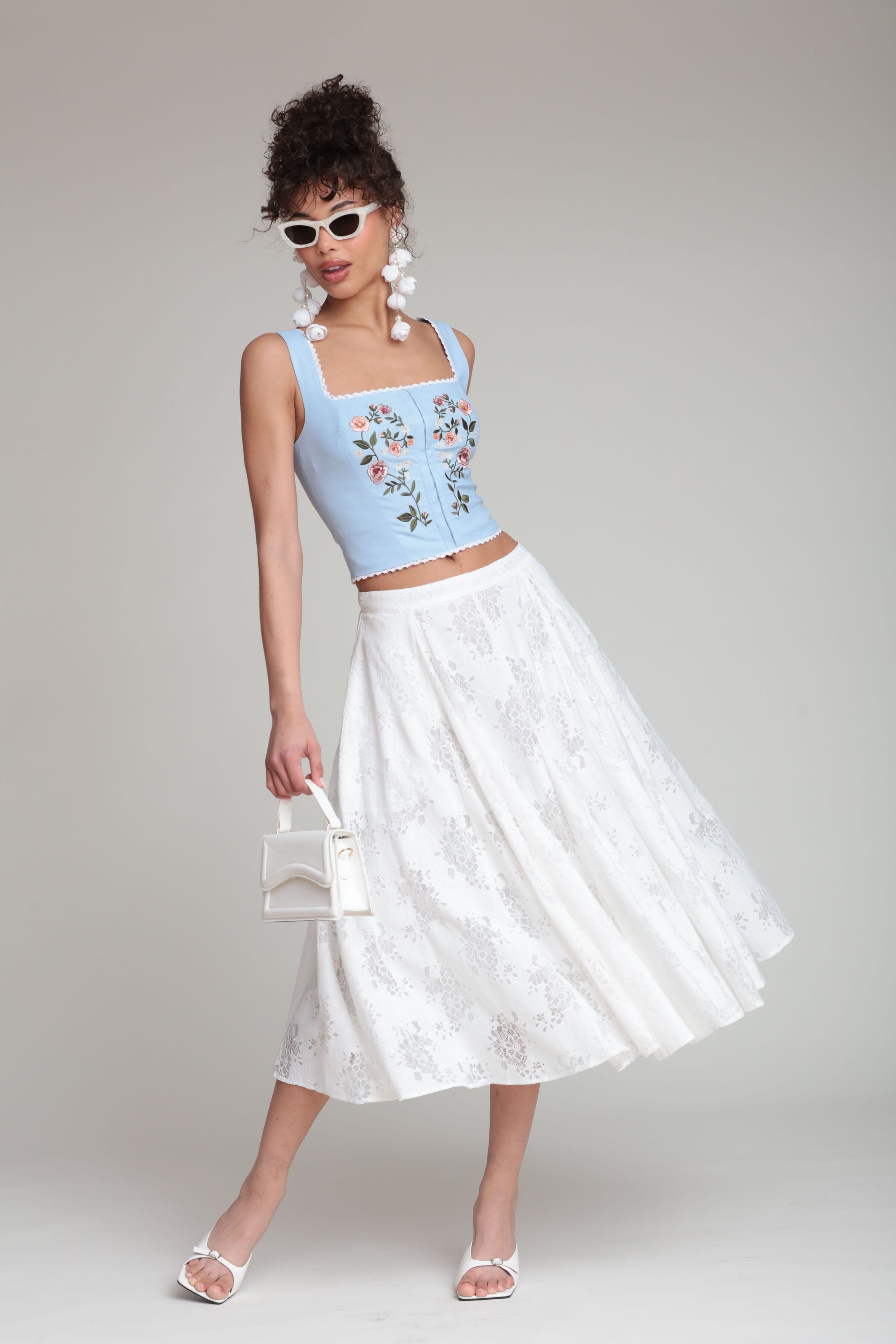 Cotton blend lace flared white midi skirt with white corset top - Shop women's cute midi dresses by Avec Les Filles