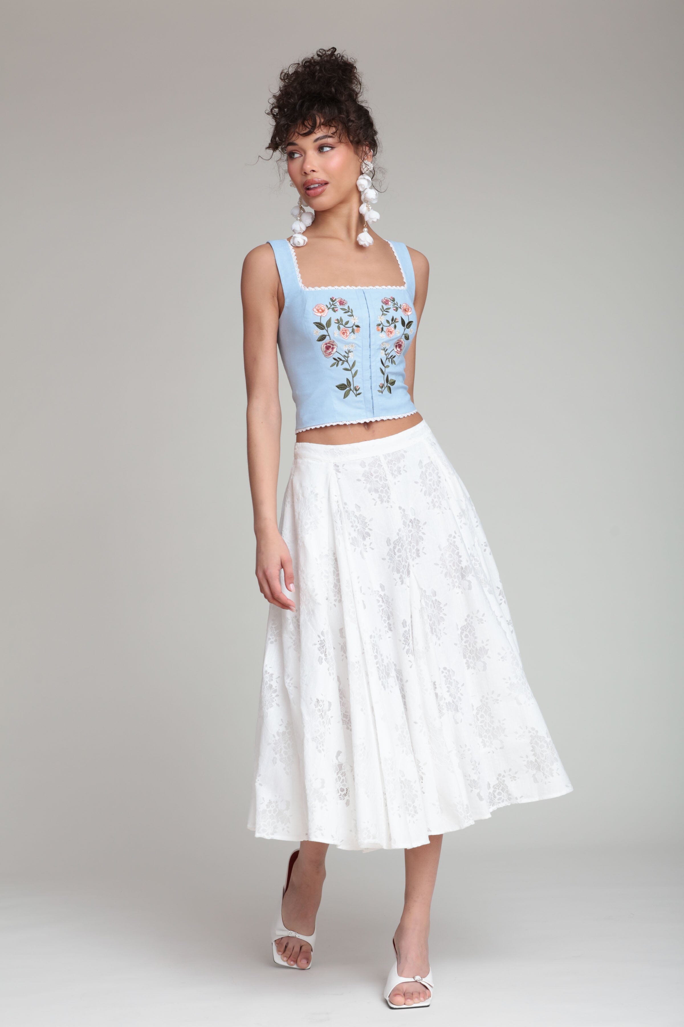 Embroidered light blue linen corset top with wide shoulder straps - Shop women's linen blue tops by Avec Les Filles