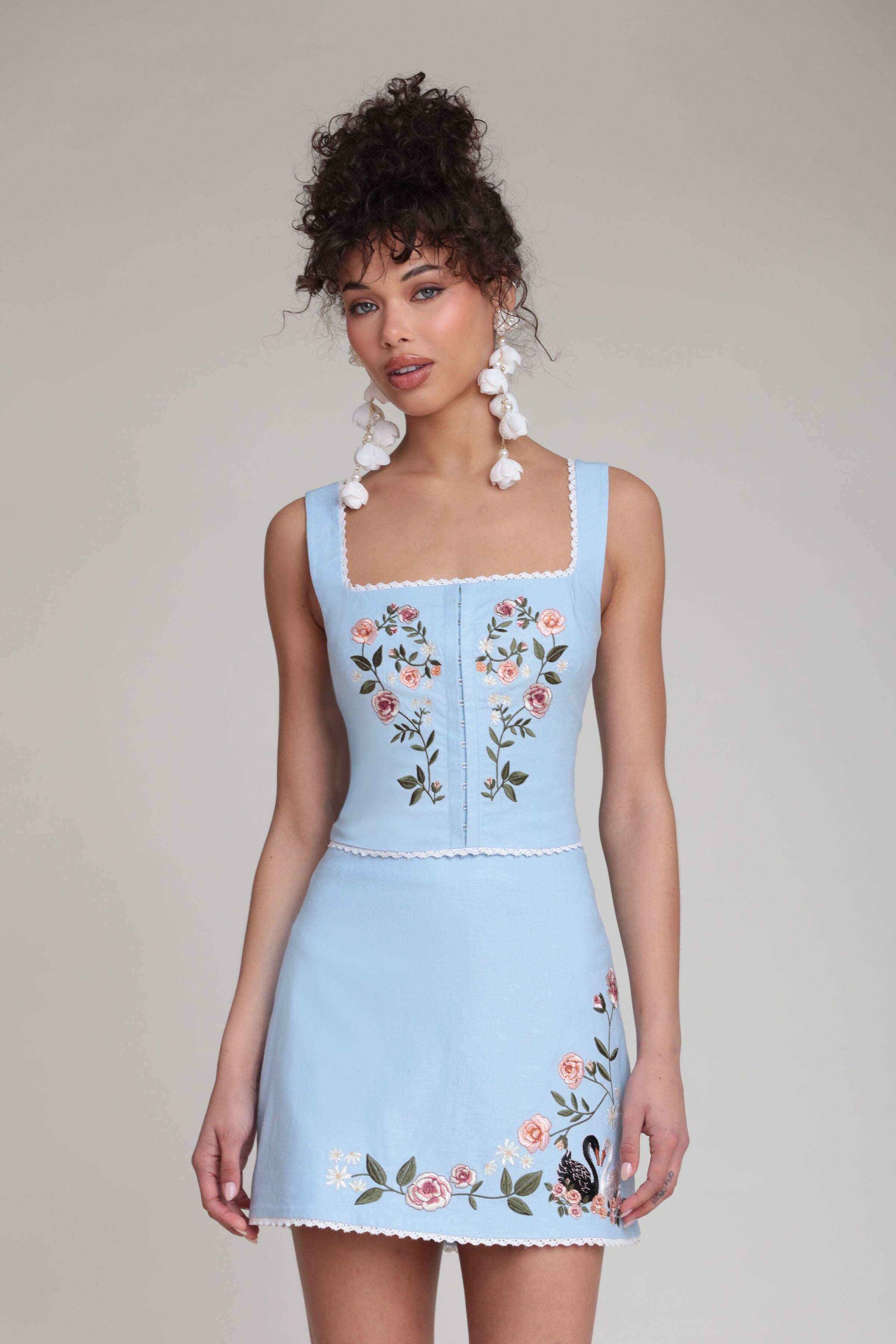 Embroidered stretch light blue linen top with blue mini skirt - Shop cute linen tops and mini skirts by Avec Les Filles