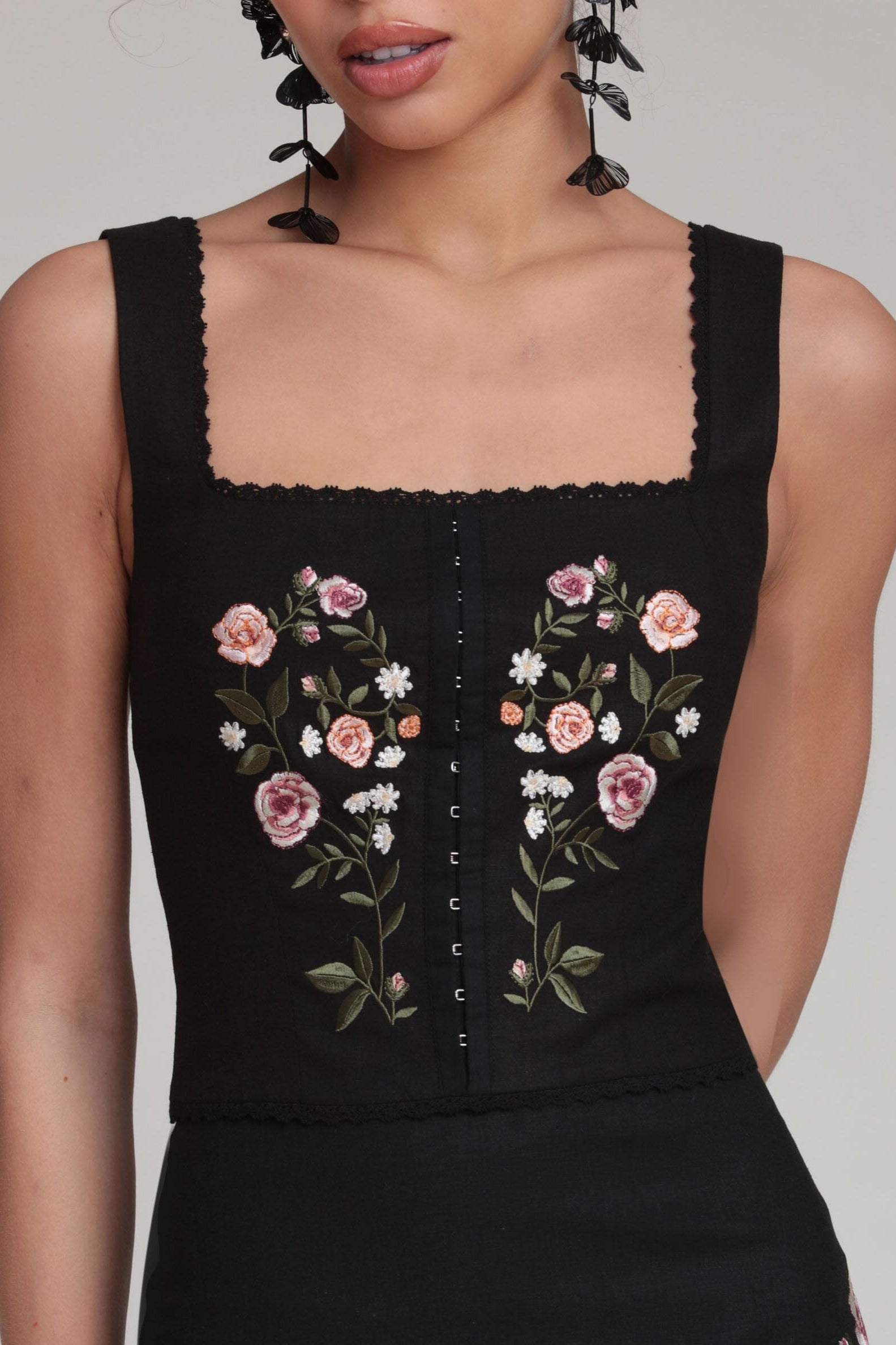 Linen black corset top with wide shoulder straps - Shop women's cute linen tops by Avec Les Filles