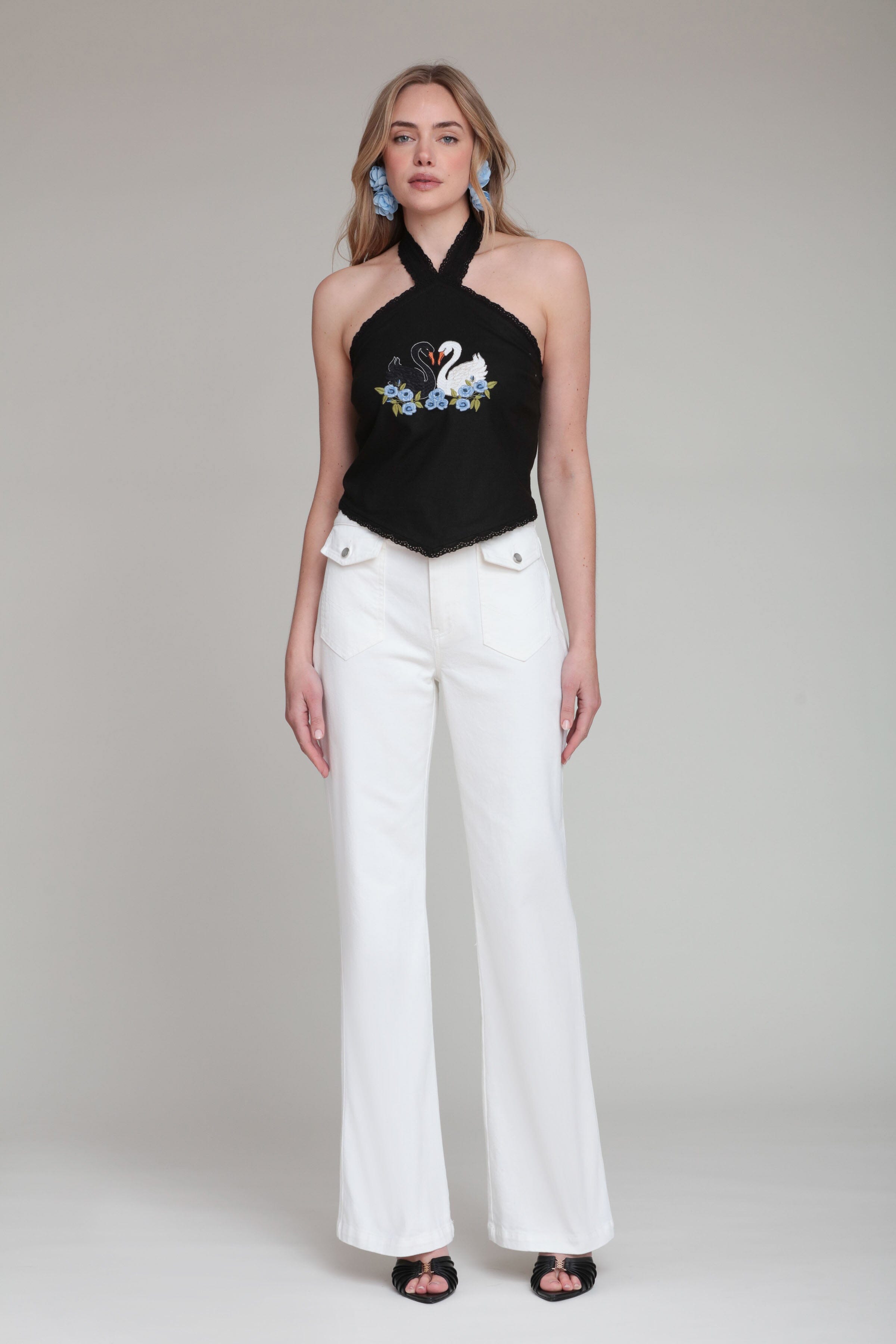 Patch Pocket Flare Jeans Pants Avec Les Filles