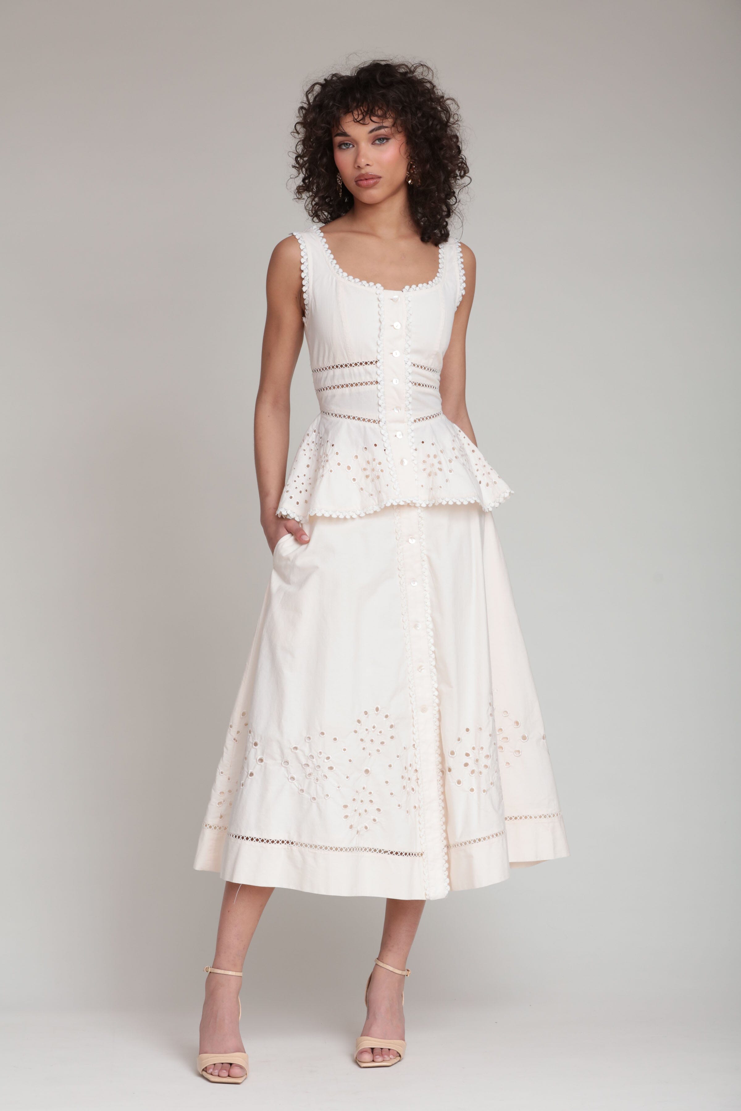 Cotton embroidered button-front white midi skirt with peplum tank top - Shop women's cute skirts by Avec Les Filles
