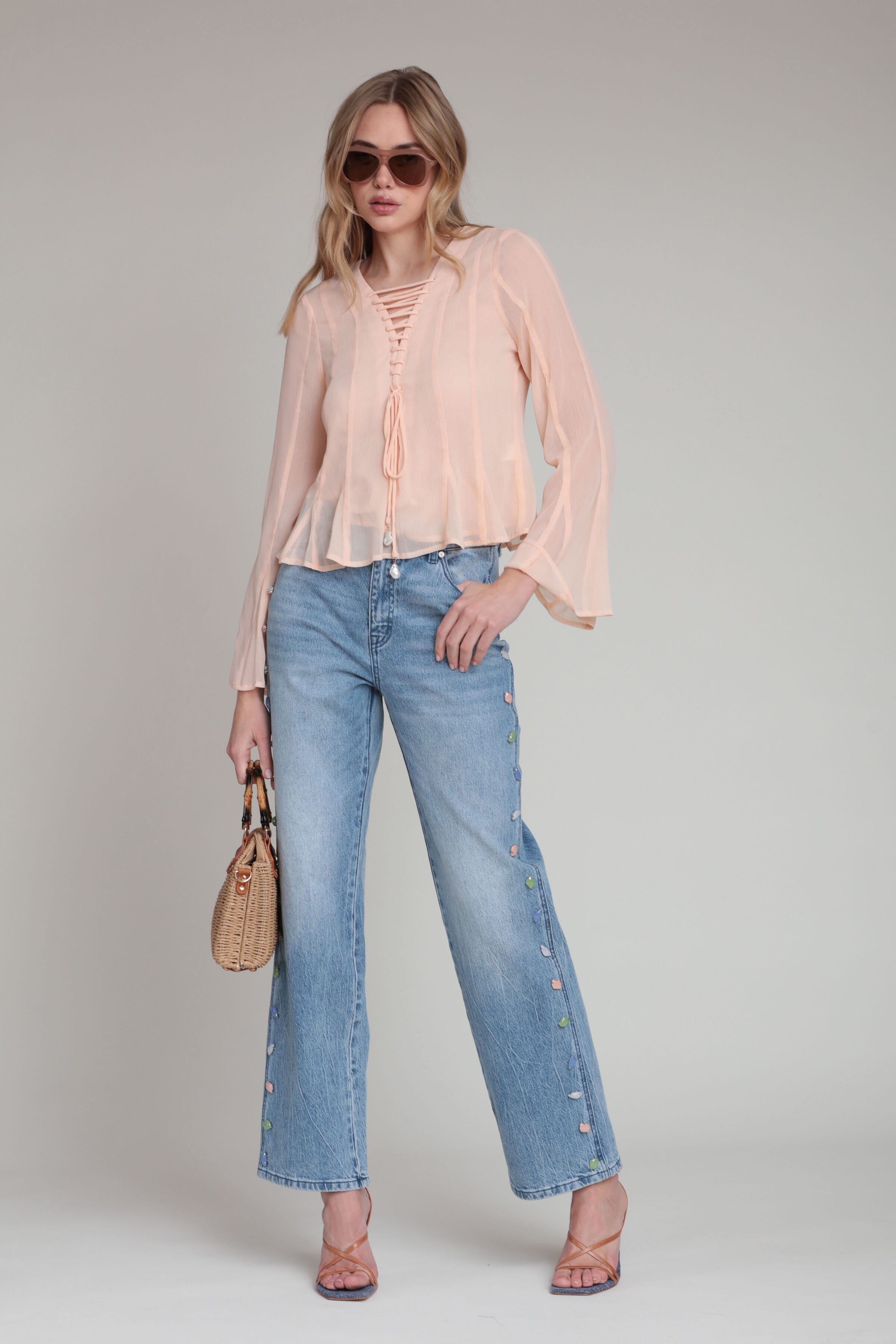 Stone embellished denim blue wide leg pants with a mid-rise waist - Shop women's wide leg pants by Avec Les Filles