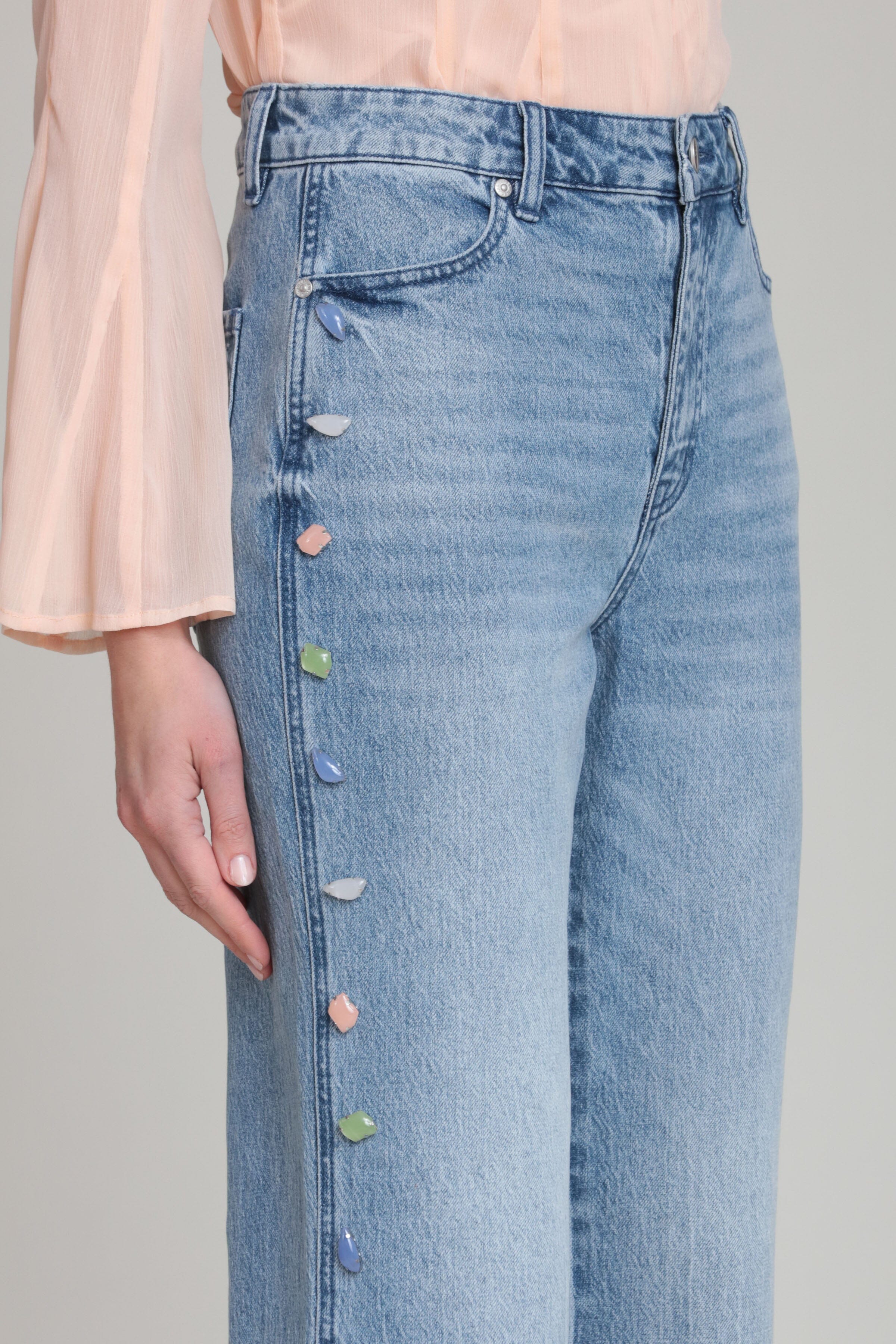 Stone embellished denim blue wide leg pants with mid-rise waist - Shop women's wide leg dress pants by Avec Les Filles