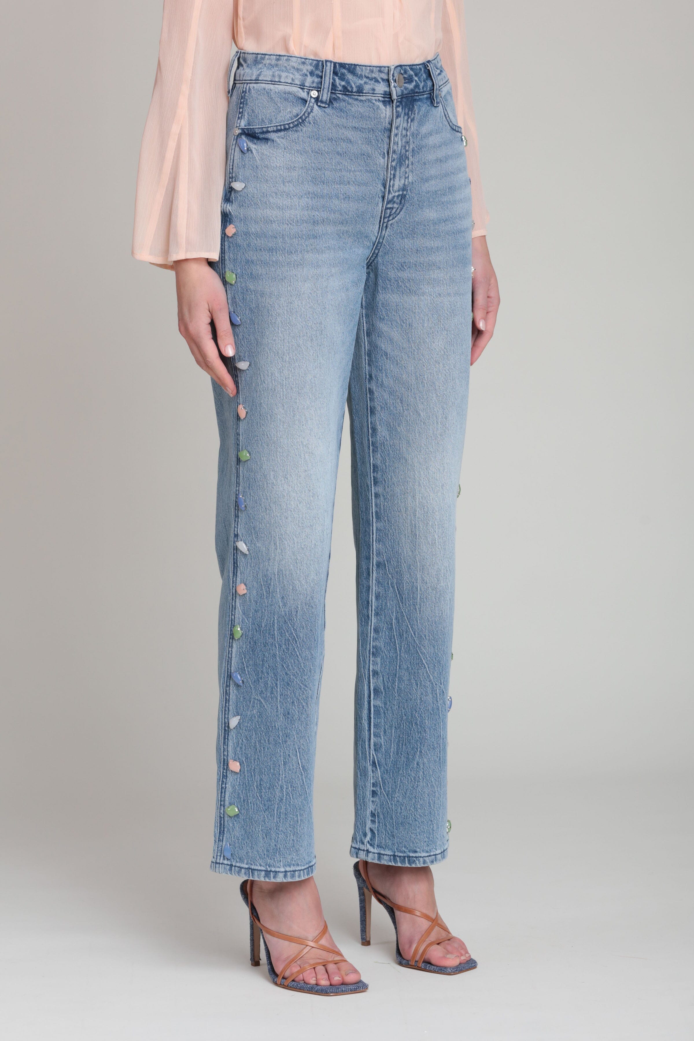 Stone embellished denim cotton blue wide leg pants with a mid-rise waist - Shop women's wide leg pants by Avec Les Filles