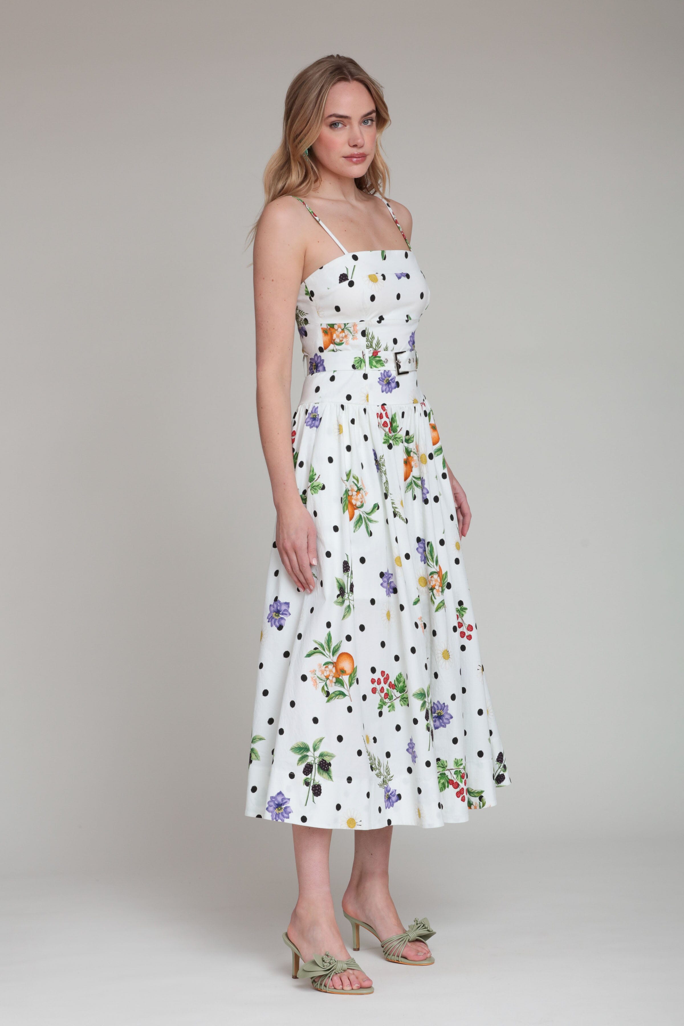Cotton belted white floral polka dot midi dress with adjustable spaghetti straps - Shop cute midi dresses by Avec Les Filles