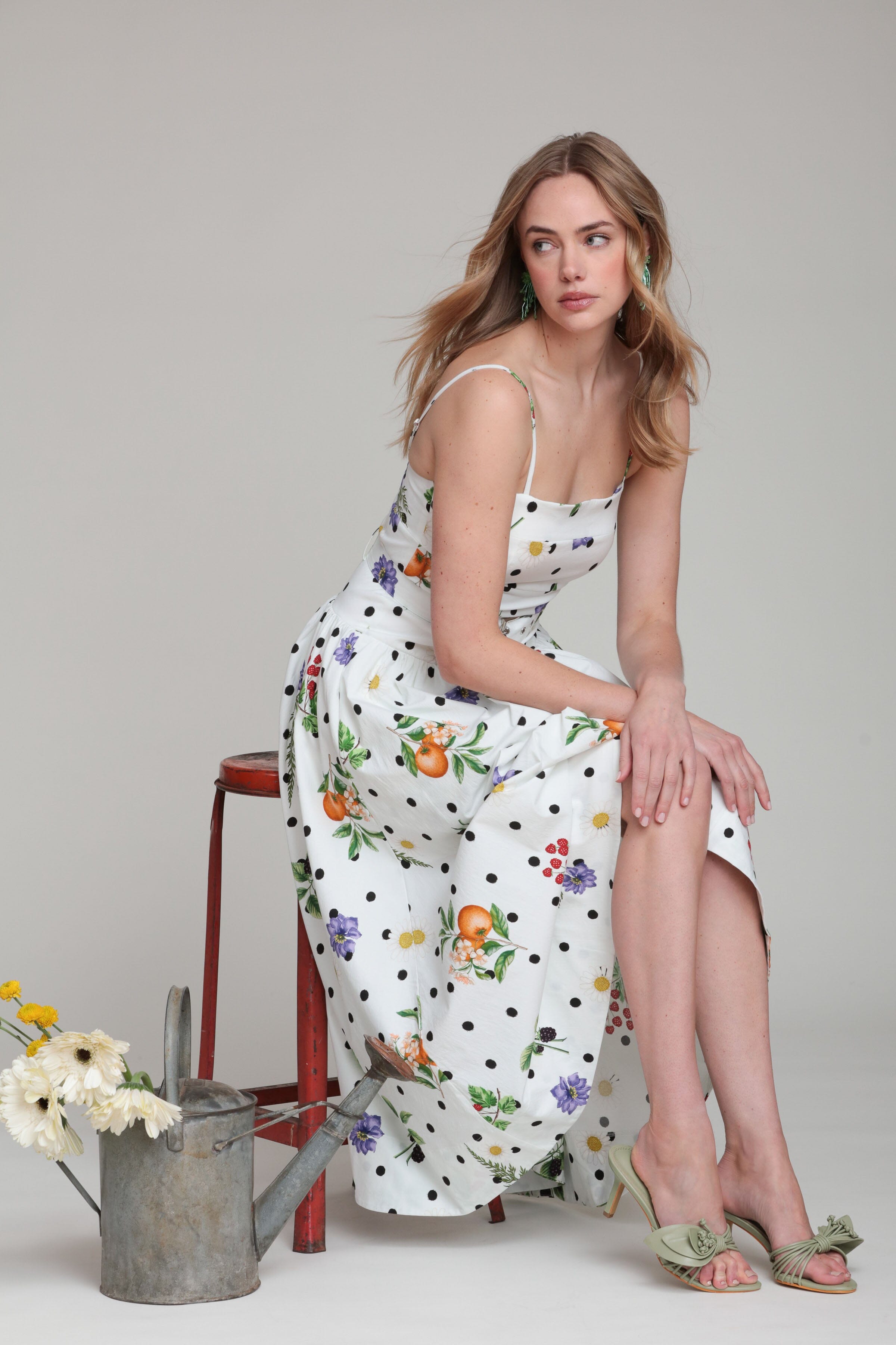 Stretch cotton belted white floral polka dot midi dress with adjustable spaghetti straps by Avec Les Filles