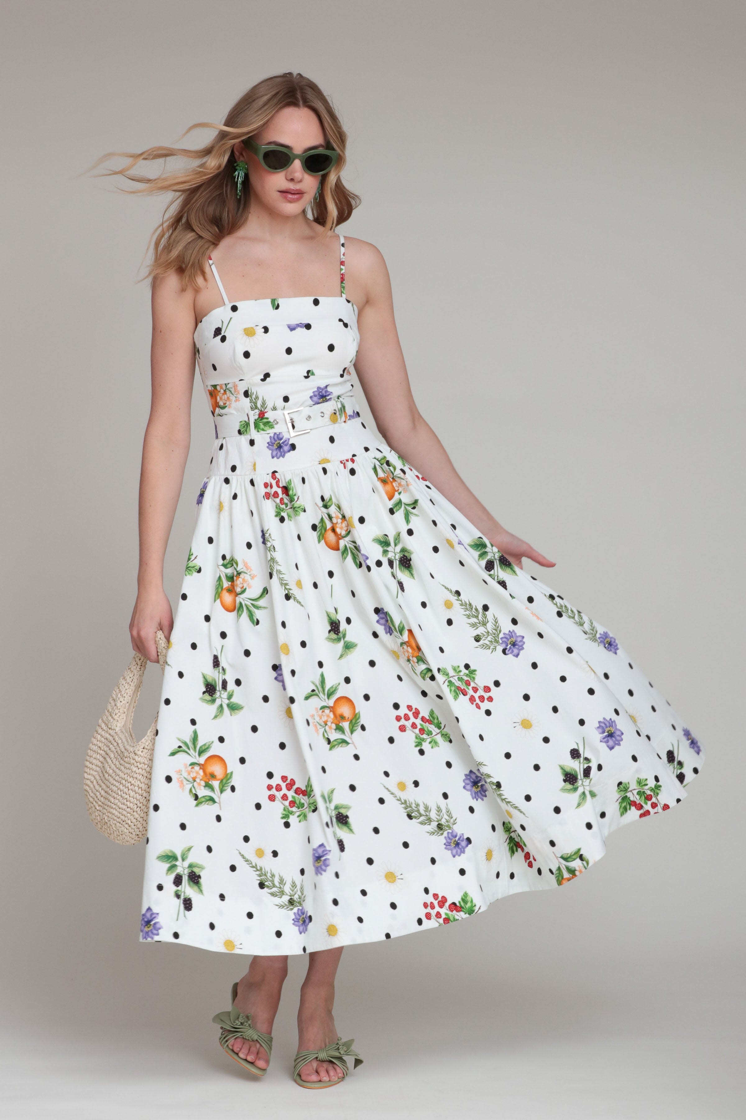 Stretch cotton belted white floral polka dot midi dress with adjustable straps - Shop cute midi dresses by Avec Les Filles