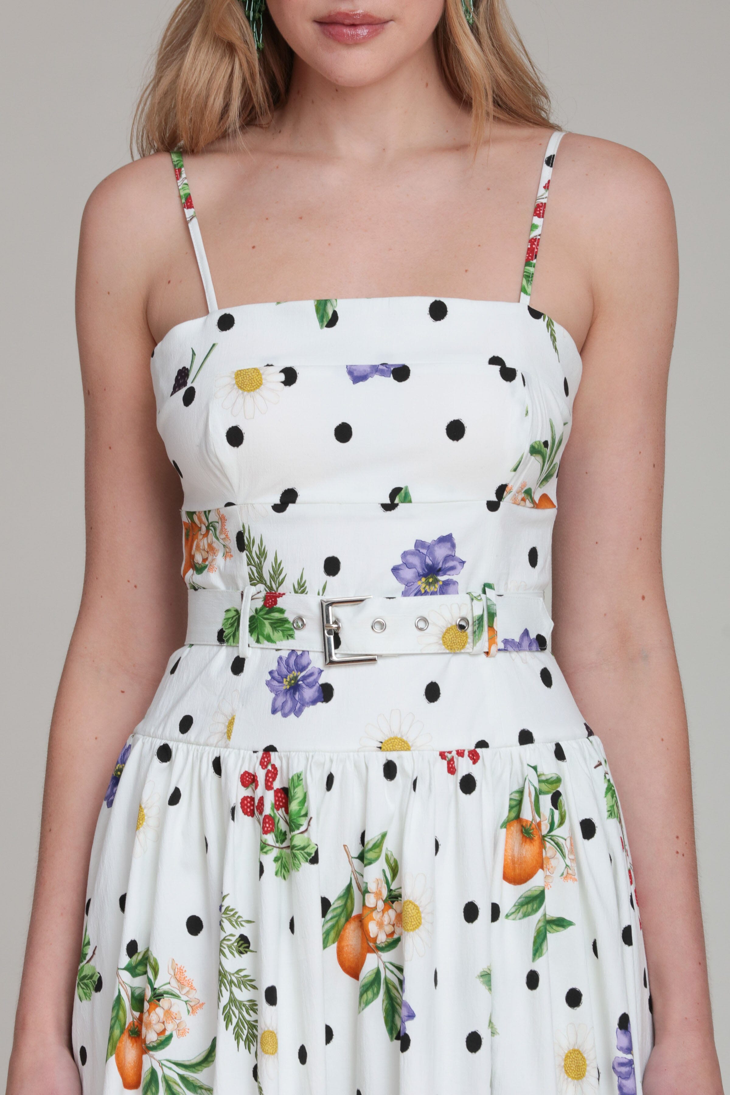 Stretch cotton belted white floral polka dot midi dress with adjustable spaghetti straps by Avec Les Filles