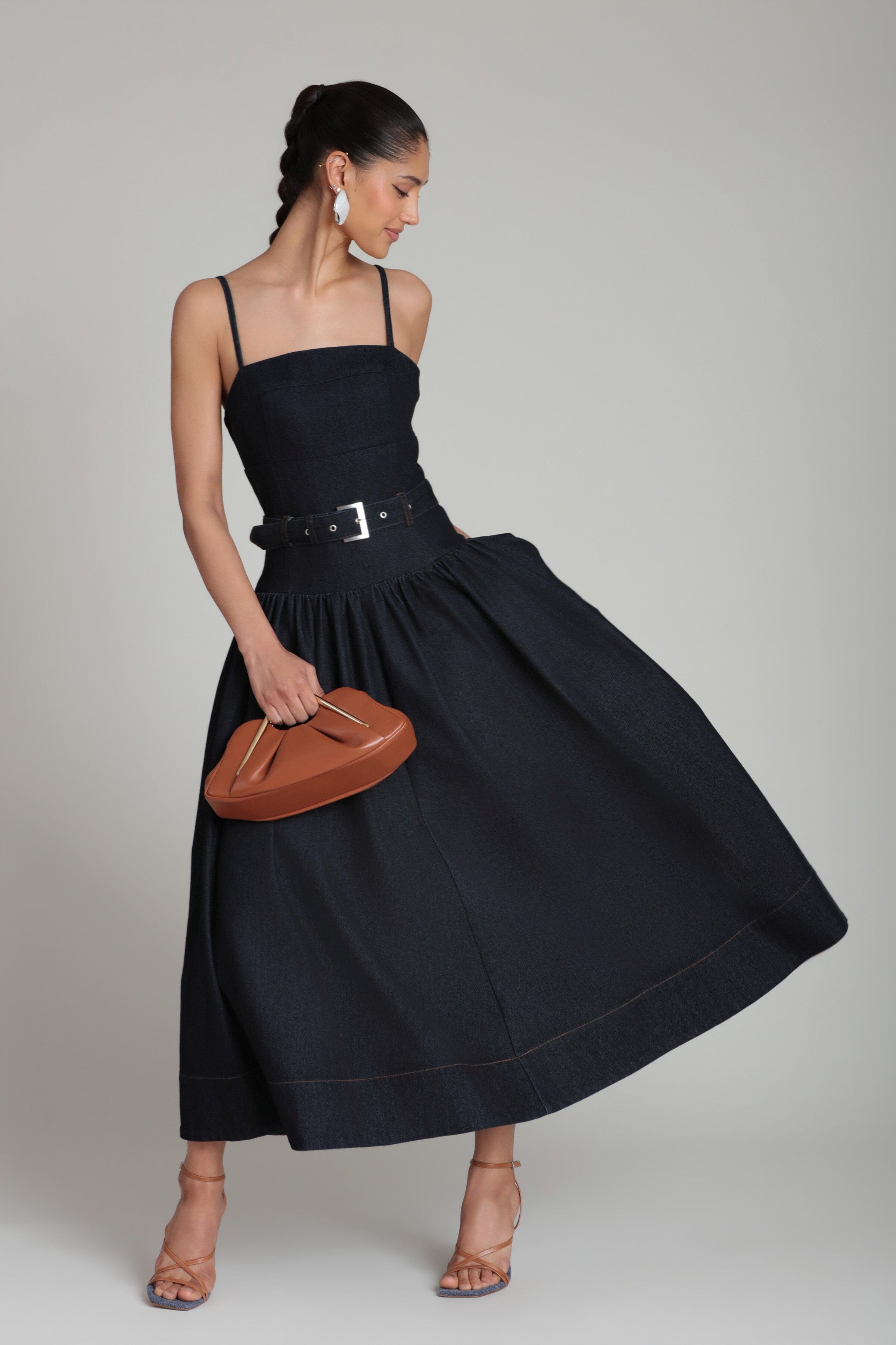 Belted drop waist stretch midi denim dress for women with adjustable straps - Shop cute midi dresses by Avec Les Filles