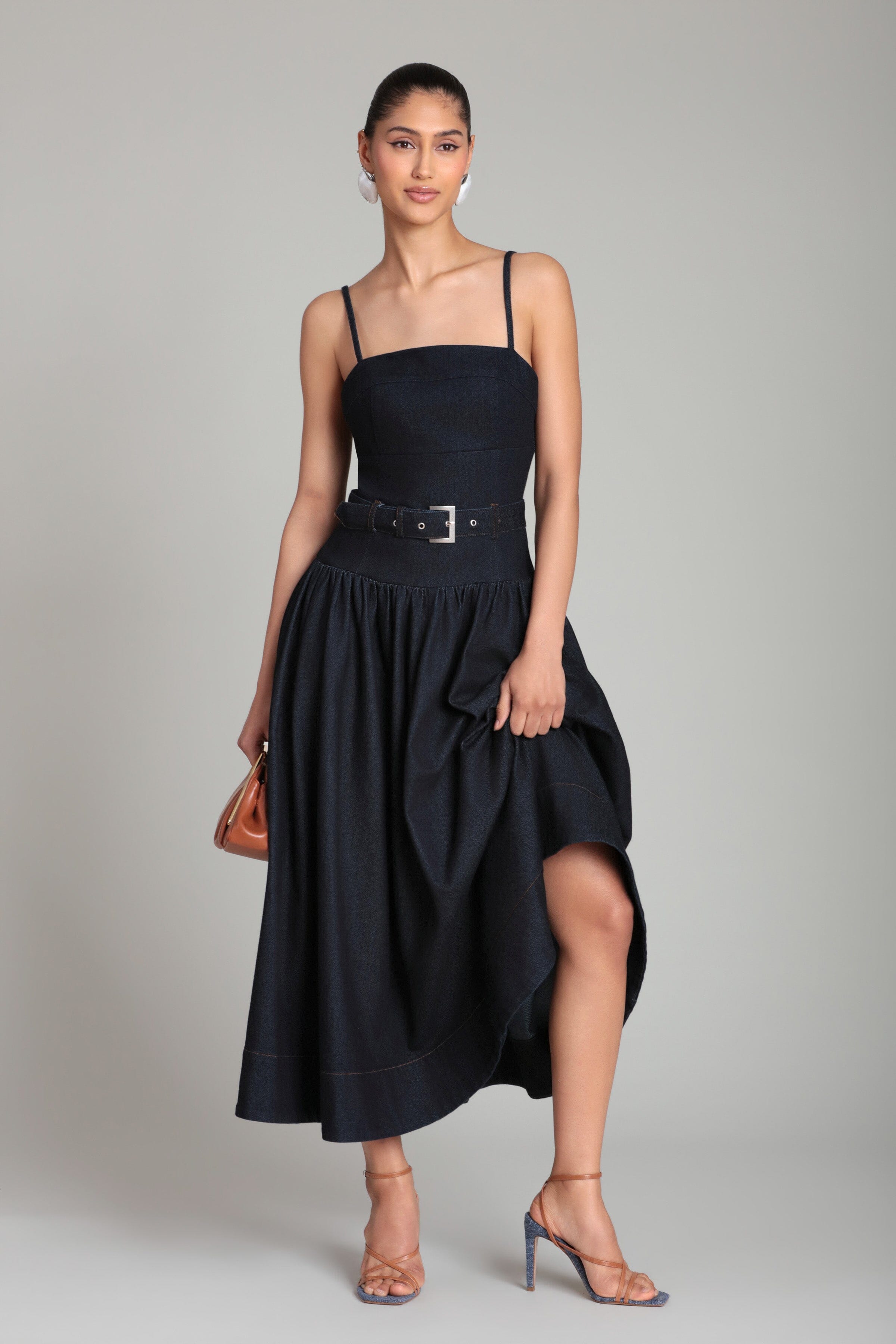 Belted drop waist stretch denim midi dress women with adjustable spaghetti straps - Shop cute midi dresses by Avec Les Filles