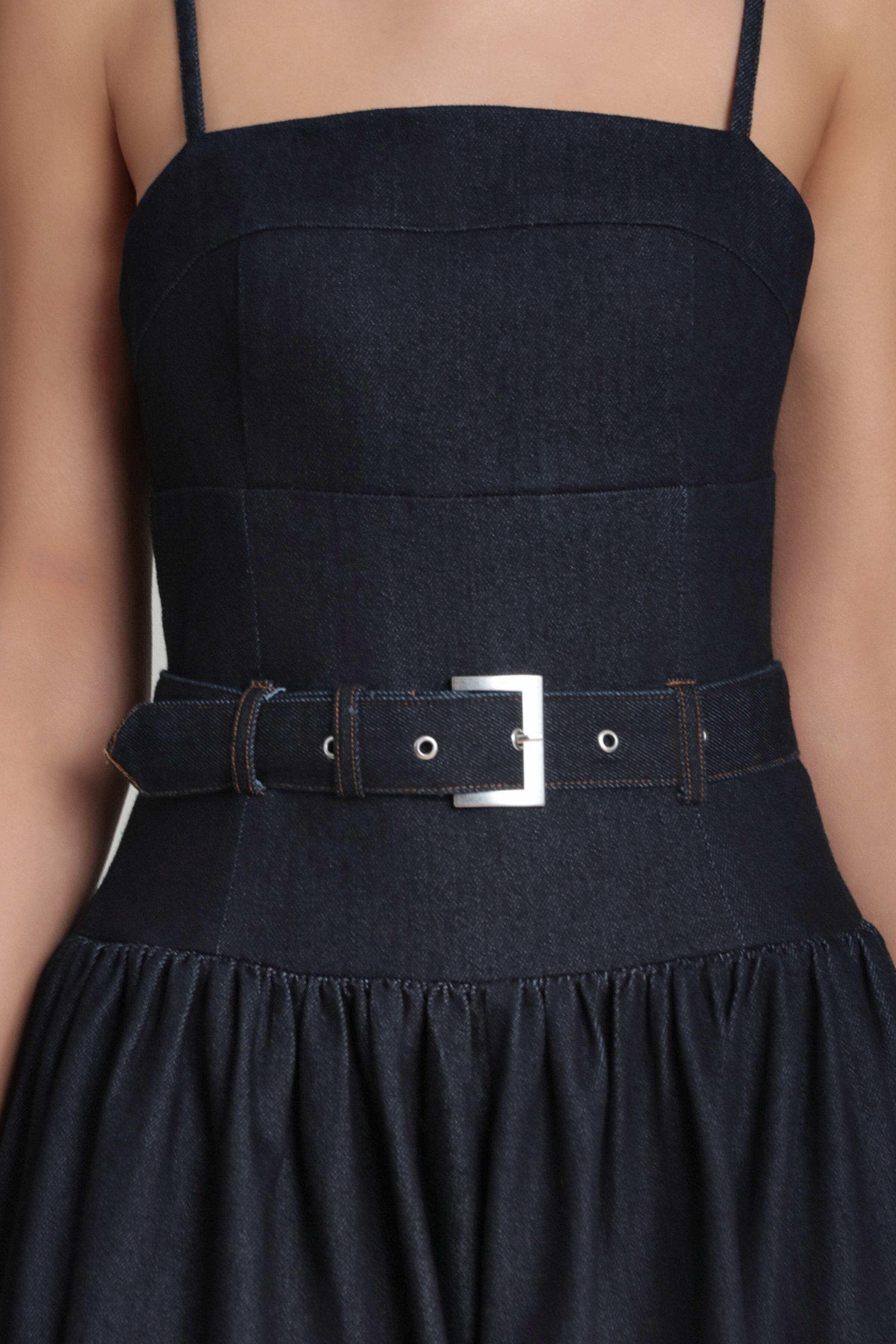Belted a line denim dress with adjustable spaghetti straps - Shop designer women's cute midi dresses by Avec Les Filles