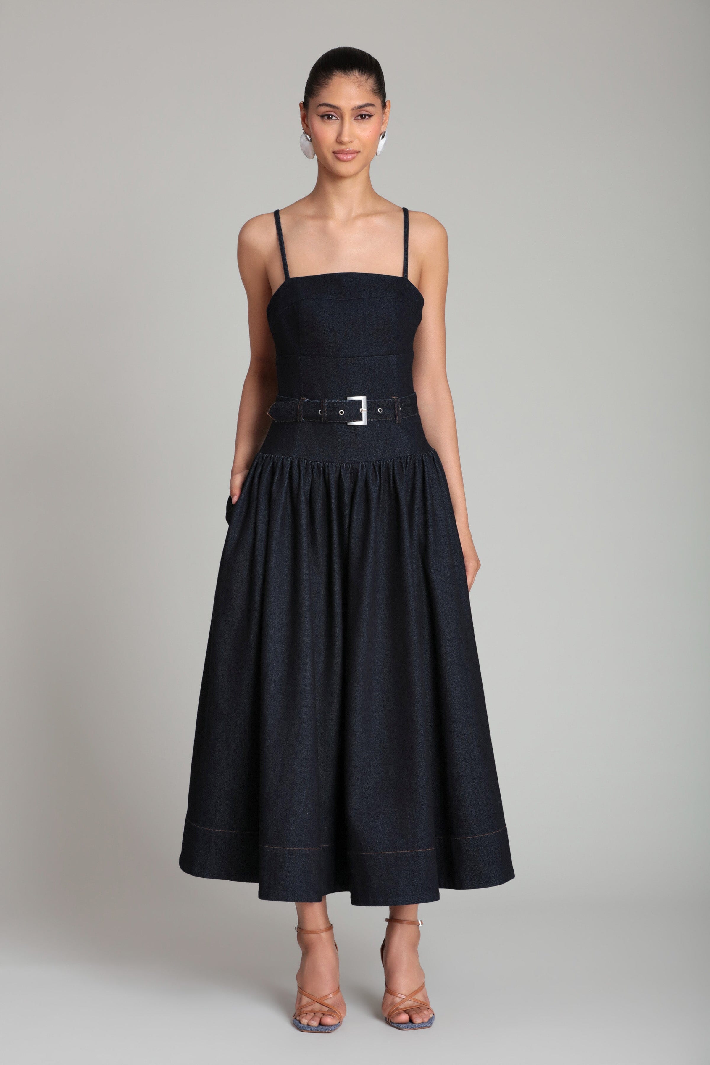 Drop waist stretch midi denim belted dress with adjustable straps - Shop designer women's midi dresses by Avec Les Filles