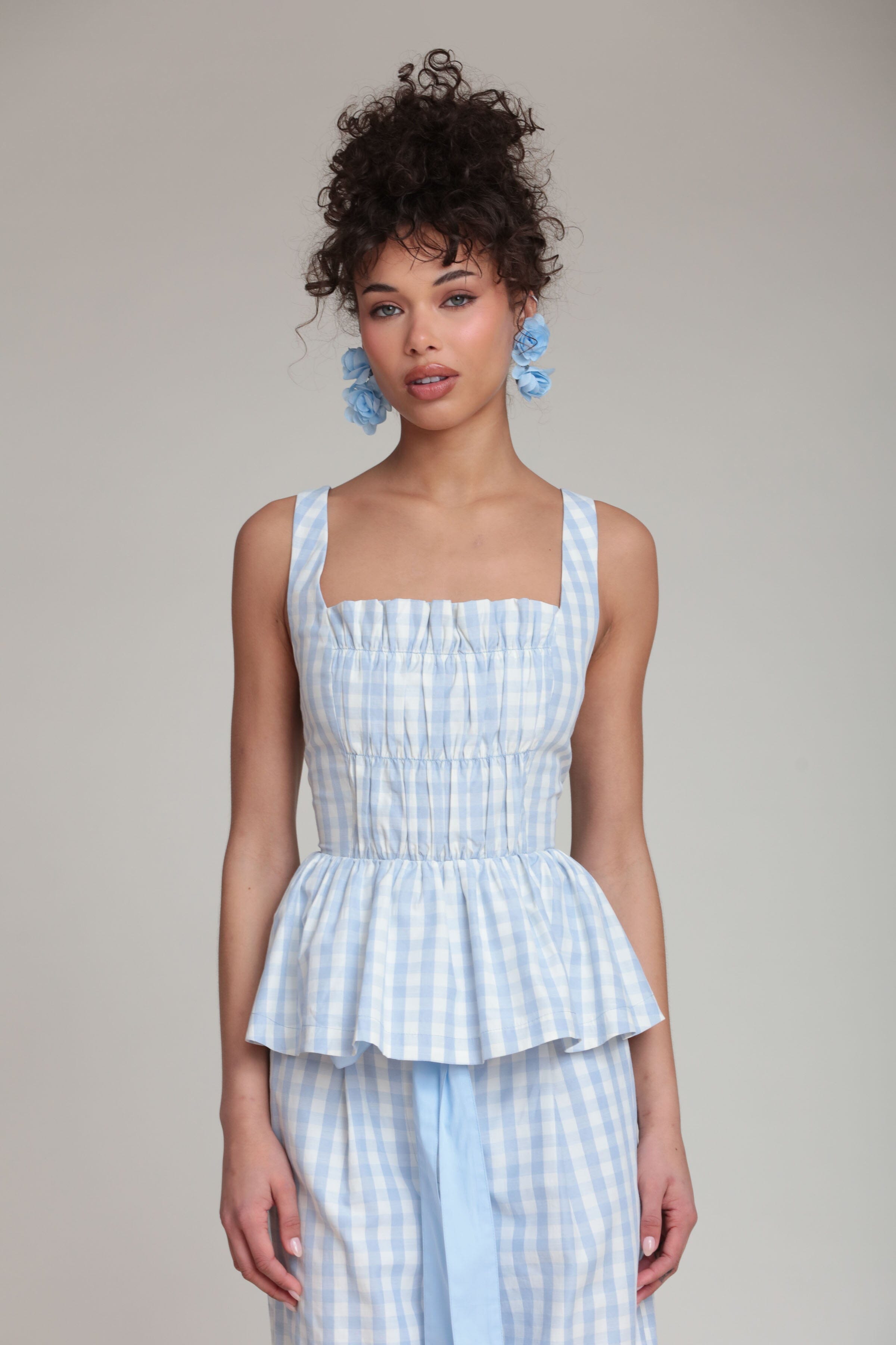 Gingham light blue peplum top with square neck and shoulder straps - Cute peplum tops for women by Avec Les Filles