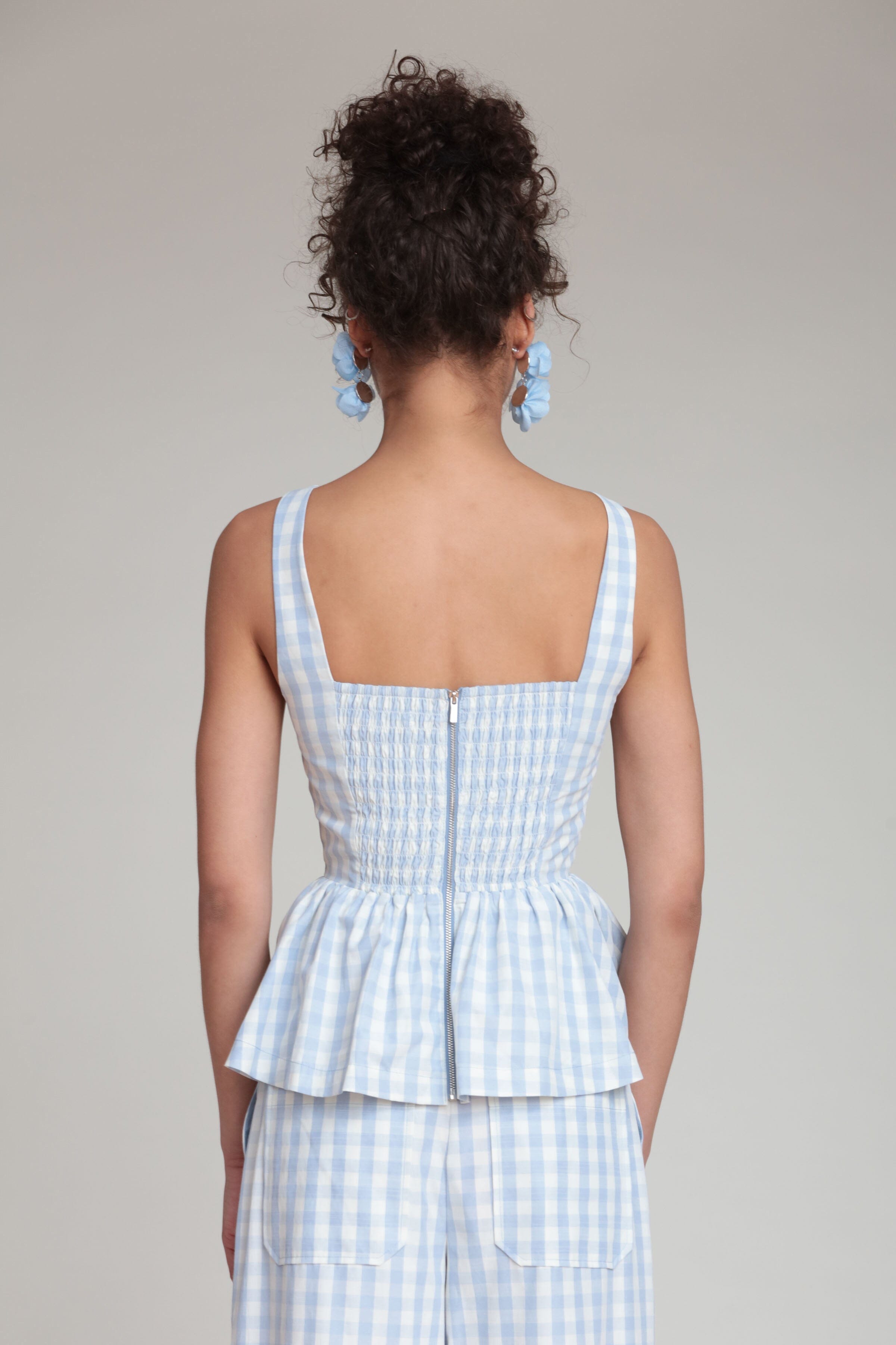 Light blue gingham peplum tank top with wide shoulder straps - Shop cute peplum tops for women by Avec Les Filles