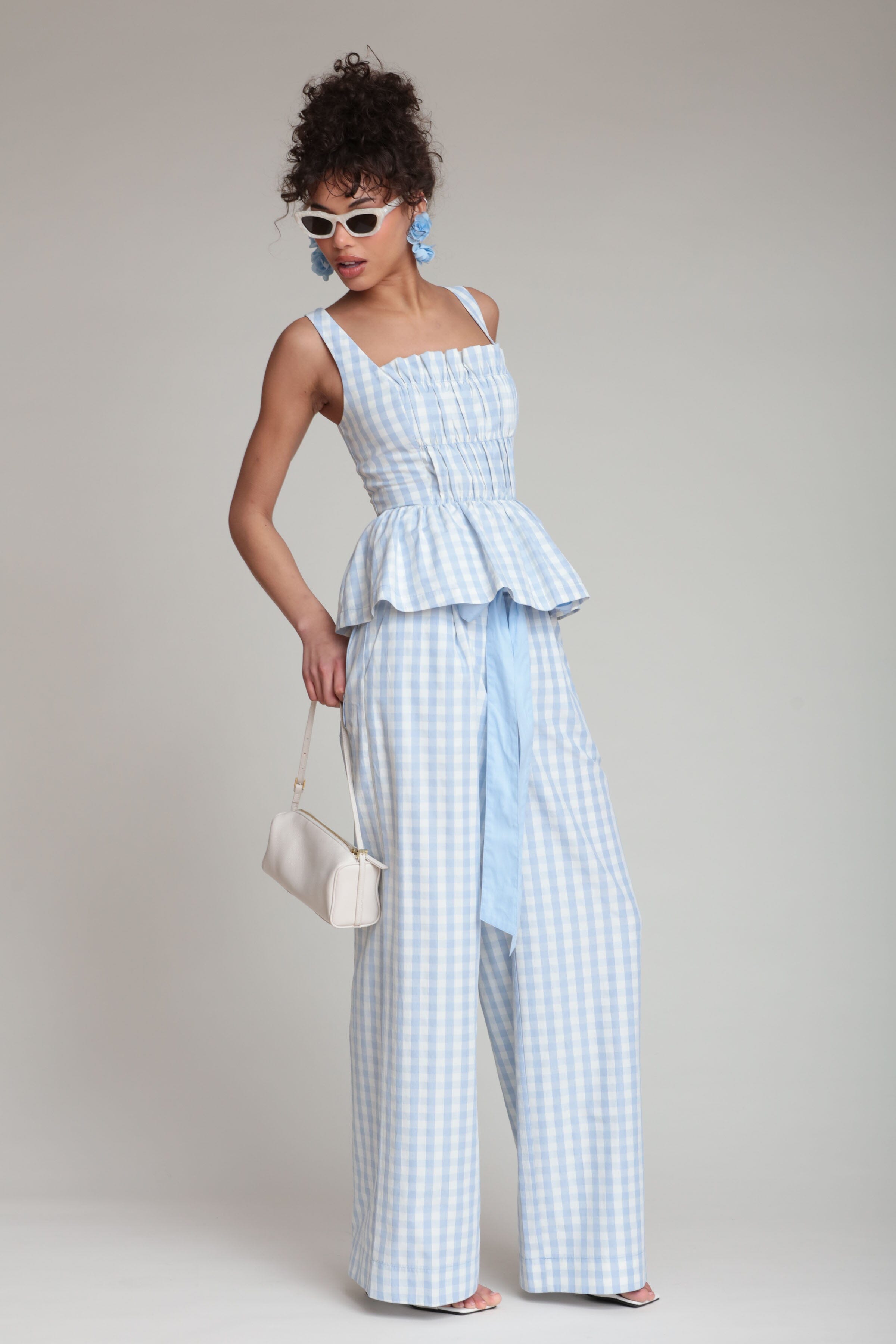Gingham light blue peplum tank top with wide leg pants and shoulder straps by Avec Les Filles