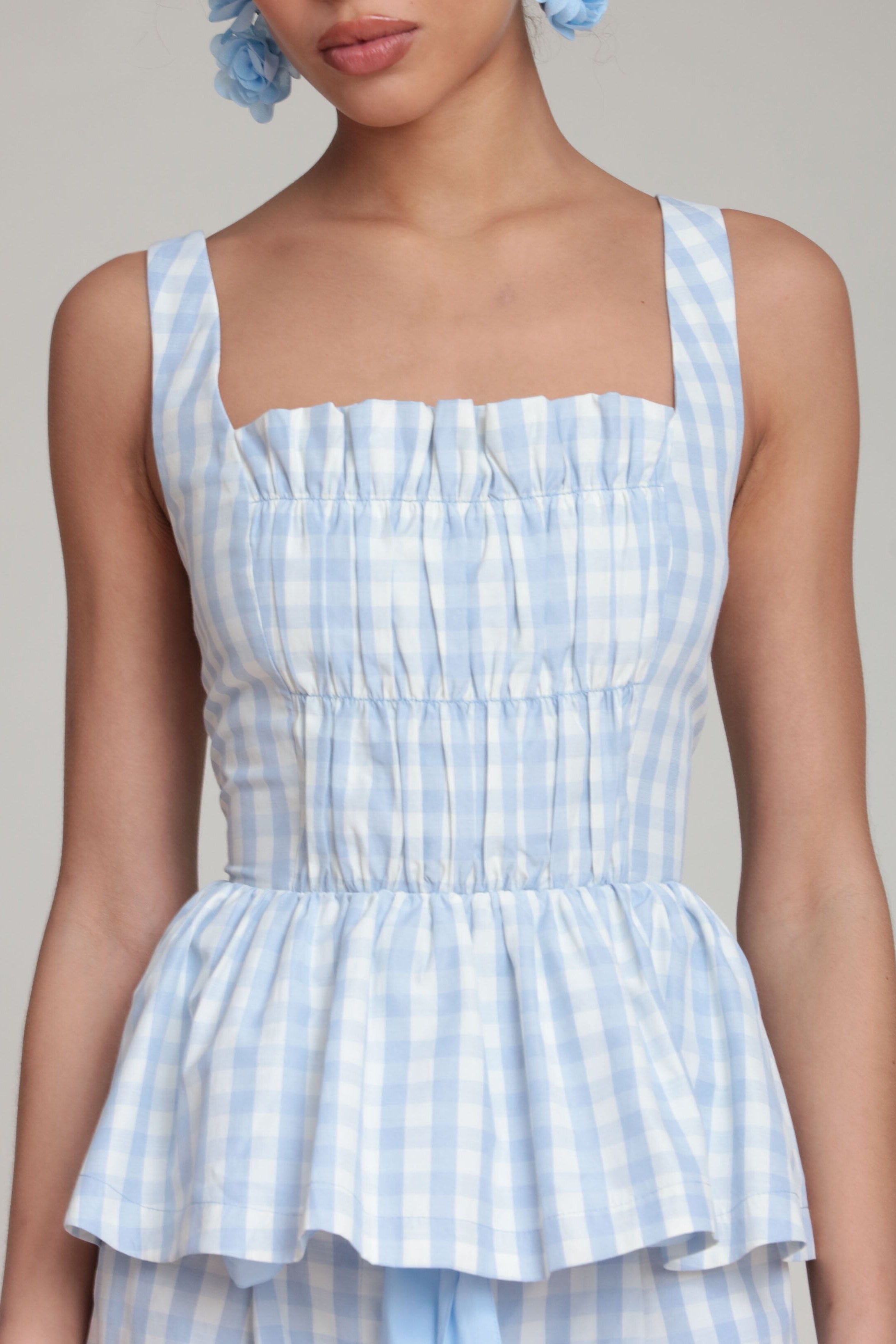 Gingham light blue peplum top with square neck and shoulder straps - Shop peplum tops for women by Avec Les Filles