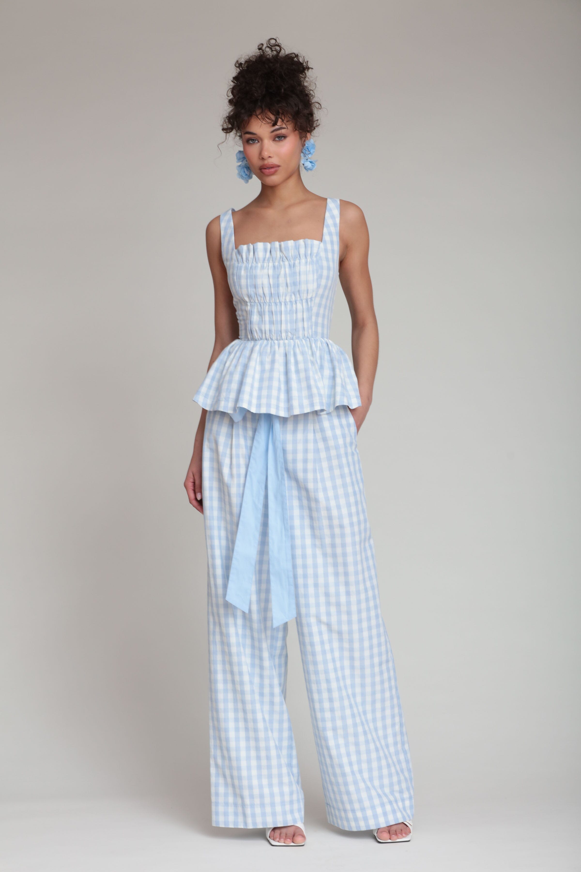 Gingham light blue wide leg pant with peplum tank top - Shop women's cute wide leg pants by Avec Les Filles