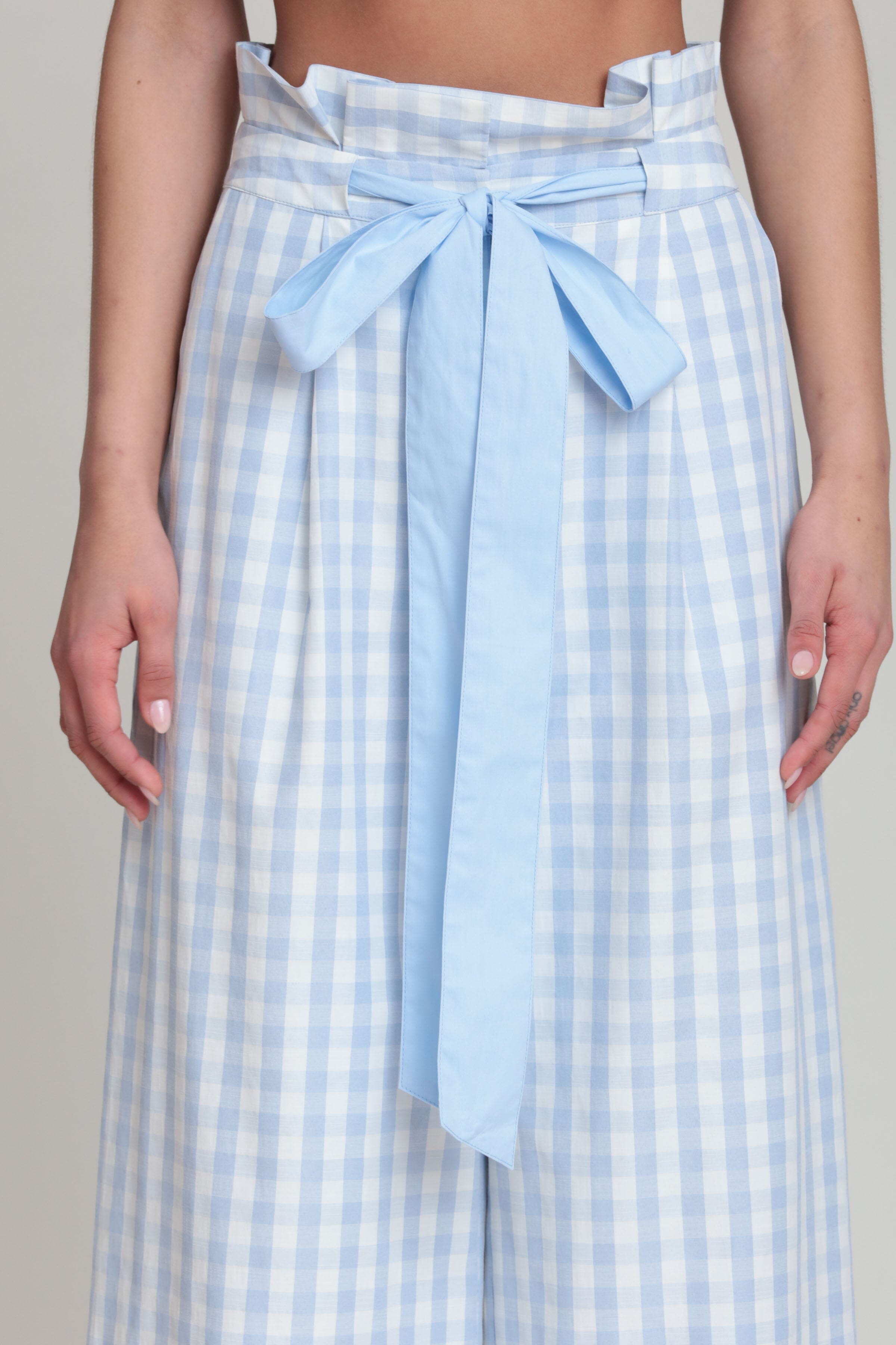 Light blue gingham wide leg pant with a high-rise and a belt - Shop women's cute wide leg pants by Avec Les Filles