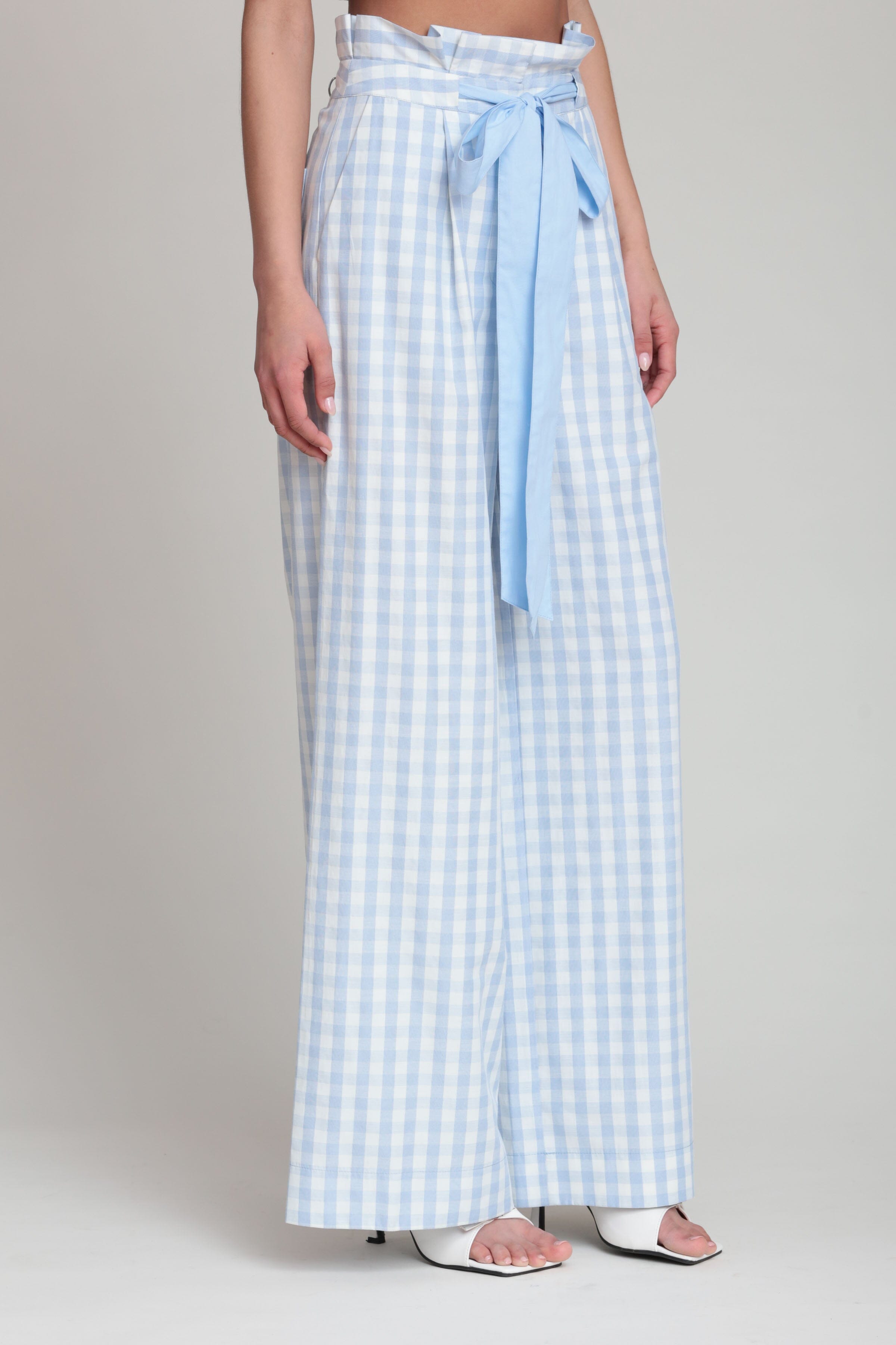 Gingham light blue wide leg pant with a belt - Shop women's cute high waist wide leg pants by Avec Les Filles