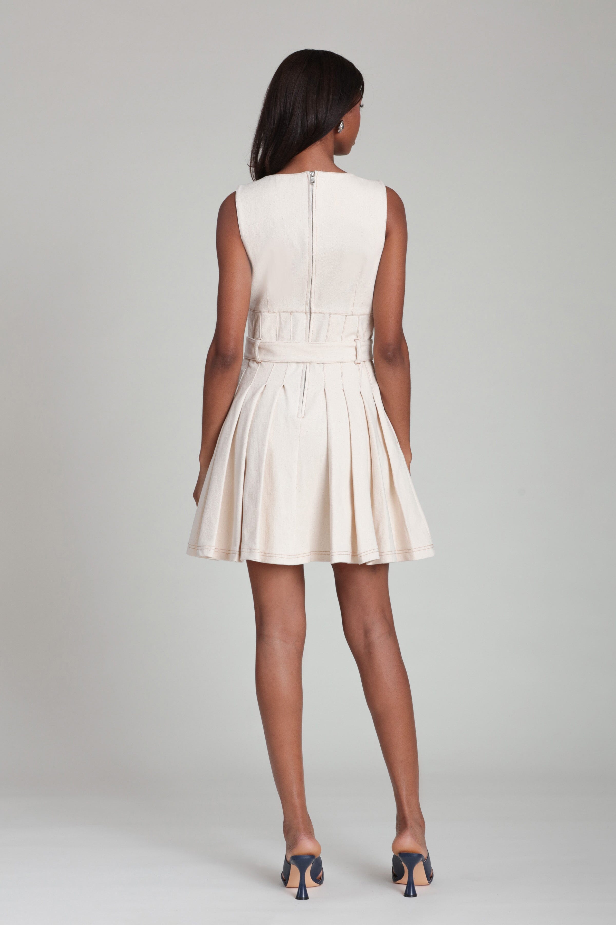 Fit & flare sleeveless white denim dress with a removable belt - Shop women's cute mini dresses by Avec Les Filles