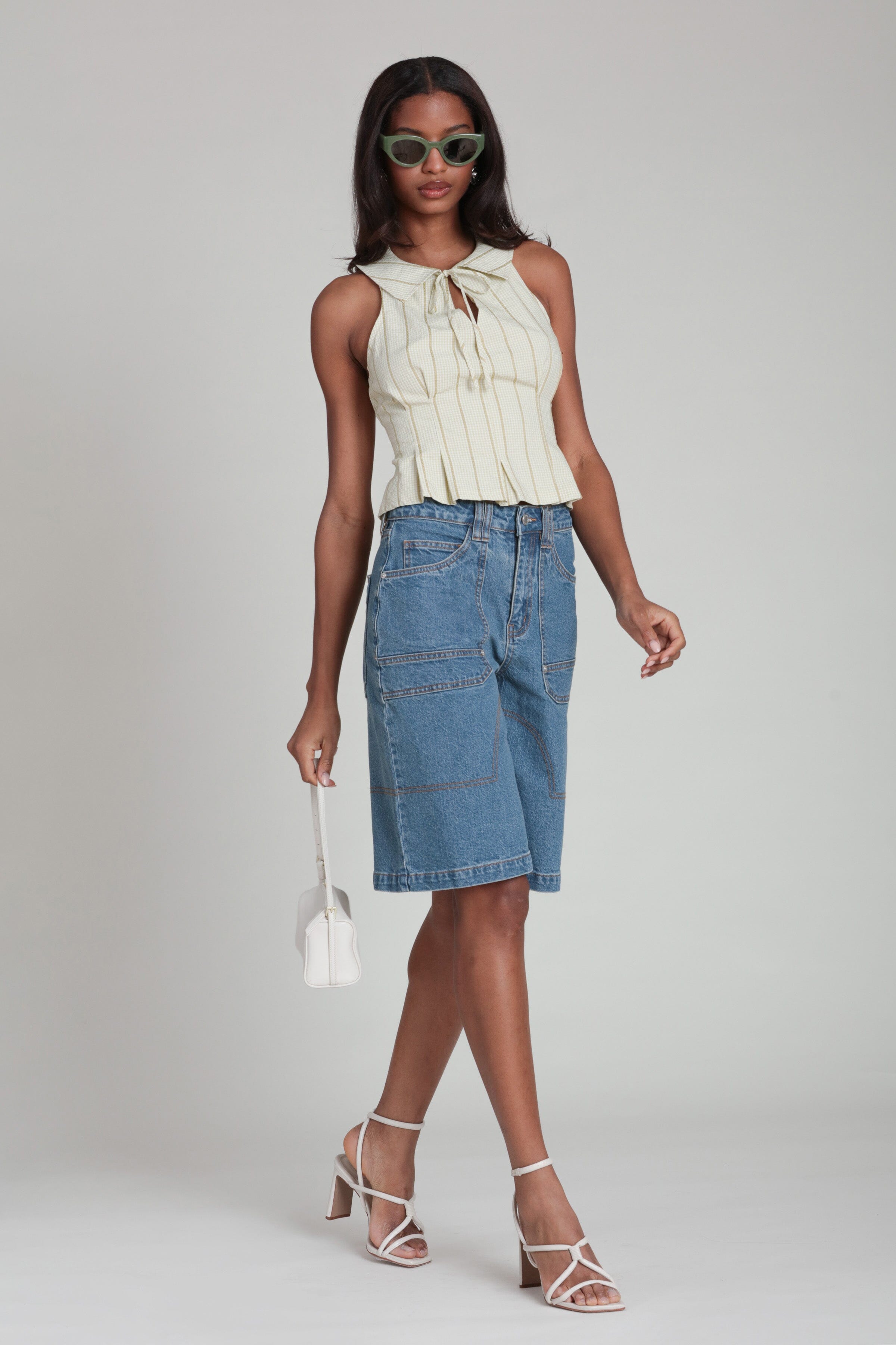 Cream striped tie front collared sleeveless gingham top with denim cargo shorts - Shop cute tops by Avec Les Filles