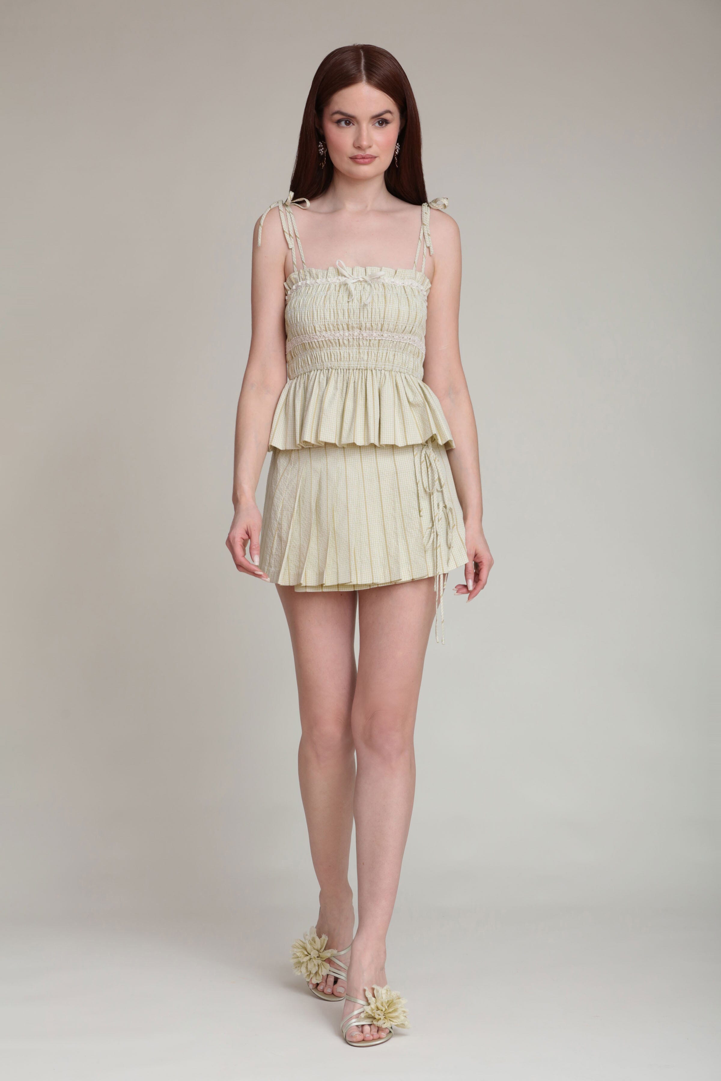 Striped gingham cream pleated mini skirt with adjustable tie - Shop women's cute mini dresses by Avec Les Filles