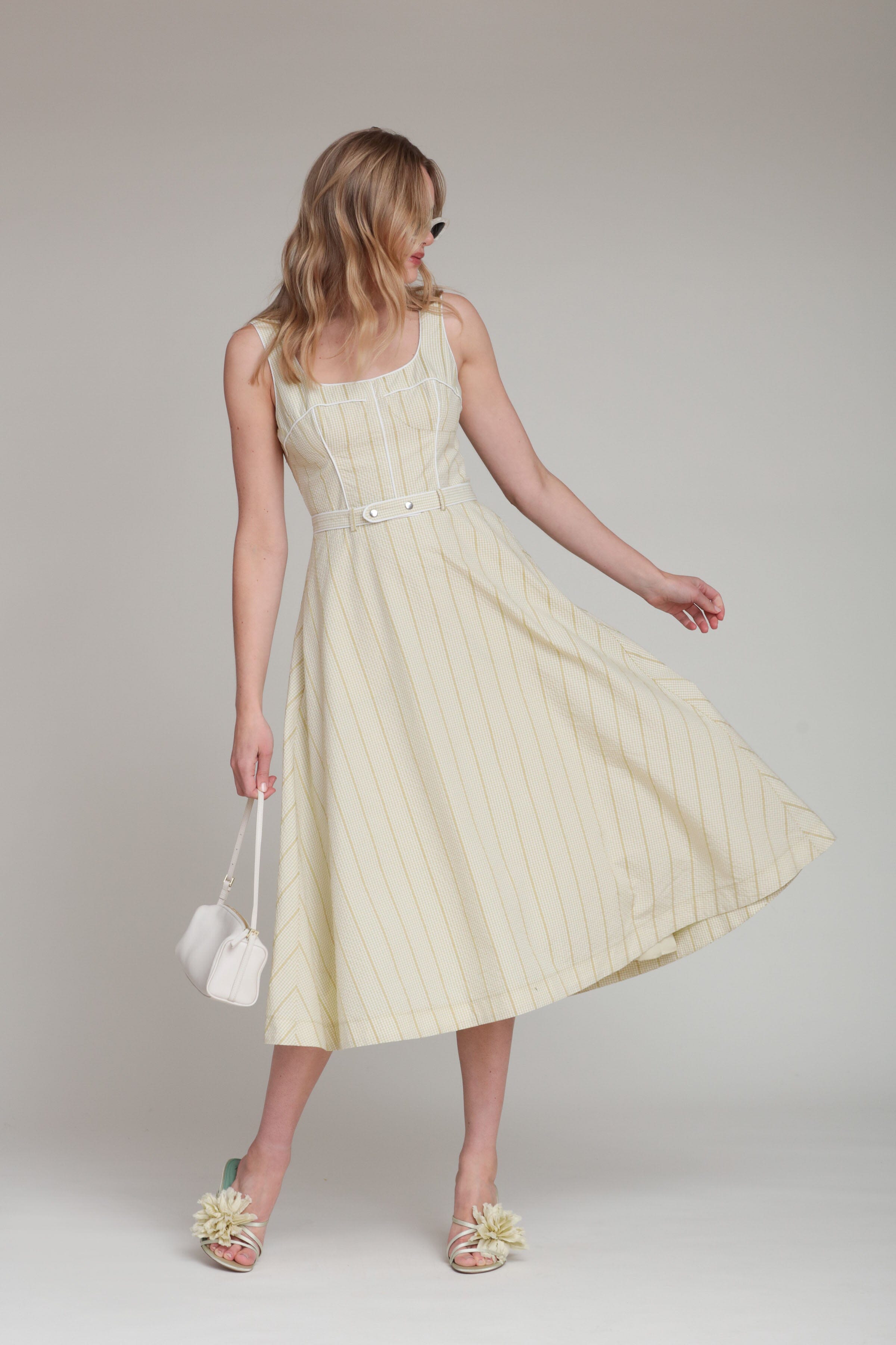 The Striped green gingham dress with wide straps, square neck and removable belt by Avec Les Filles