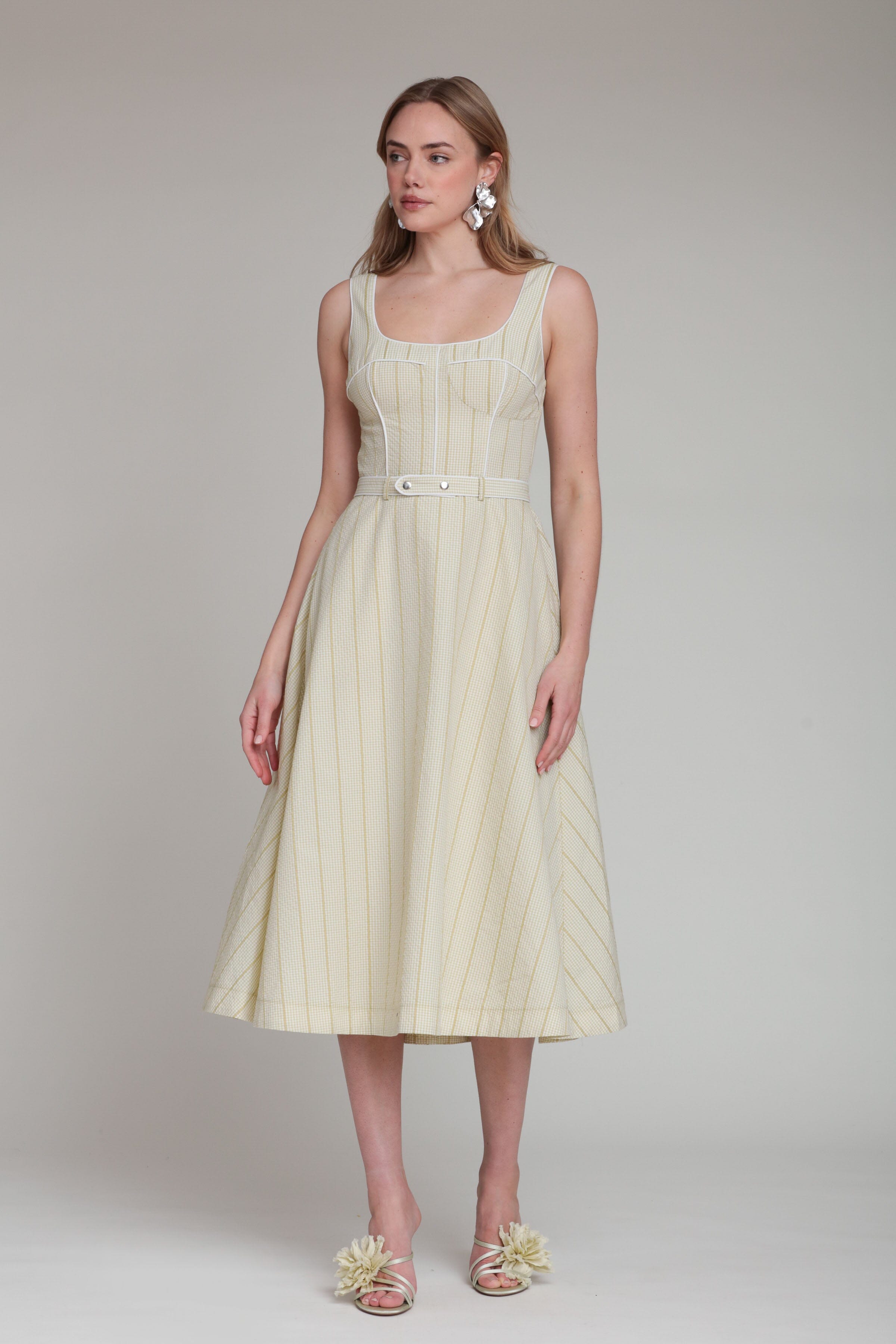 Striped green gingham bustier dress with wide straps and belt - Shop women's cute midi dresses by Avec Les Filles