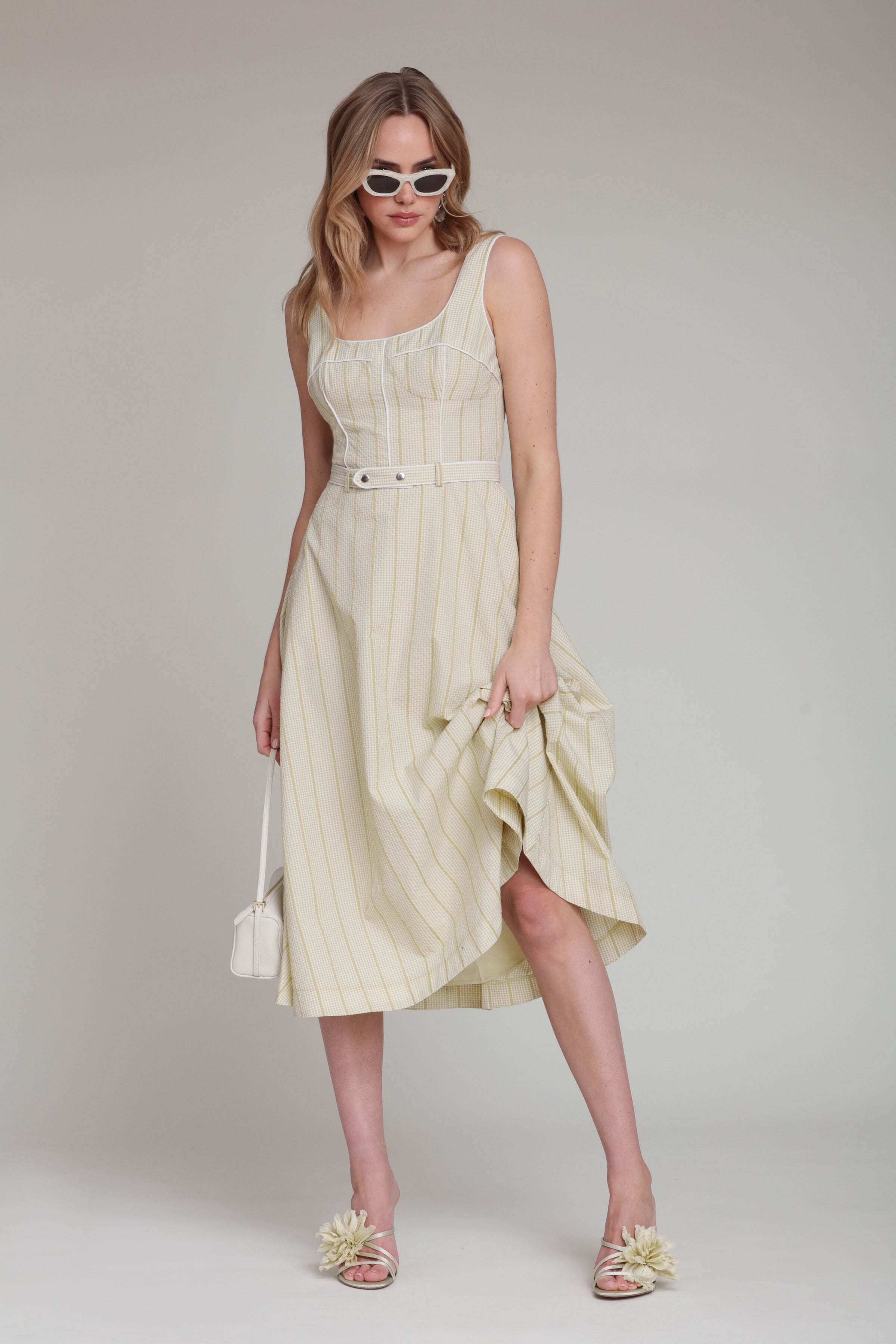 Striped green gingham bustier midi dress with wide straps, square neck and removable belt by Avec Les Filles