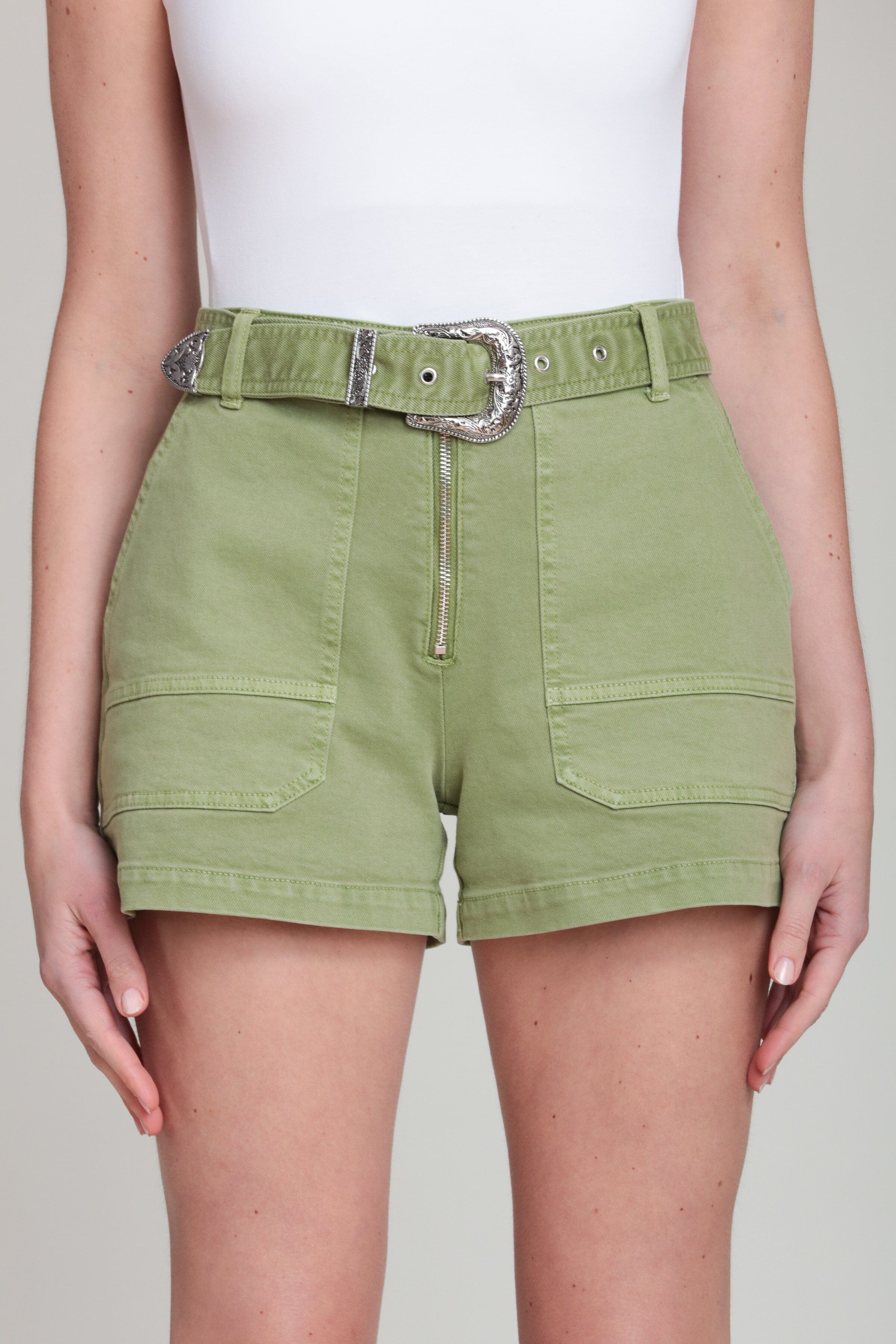 Cotton stretch green denim shorts with a removable belt - Shop designer women's cute green shorts by Avec Les Filles