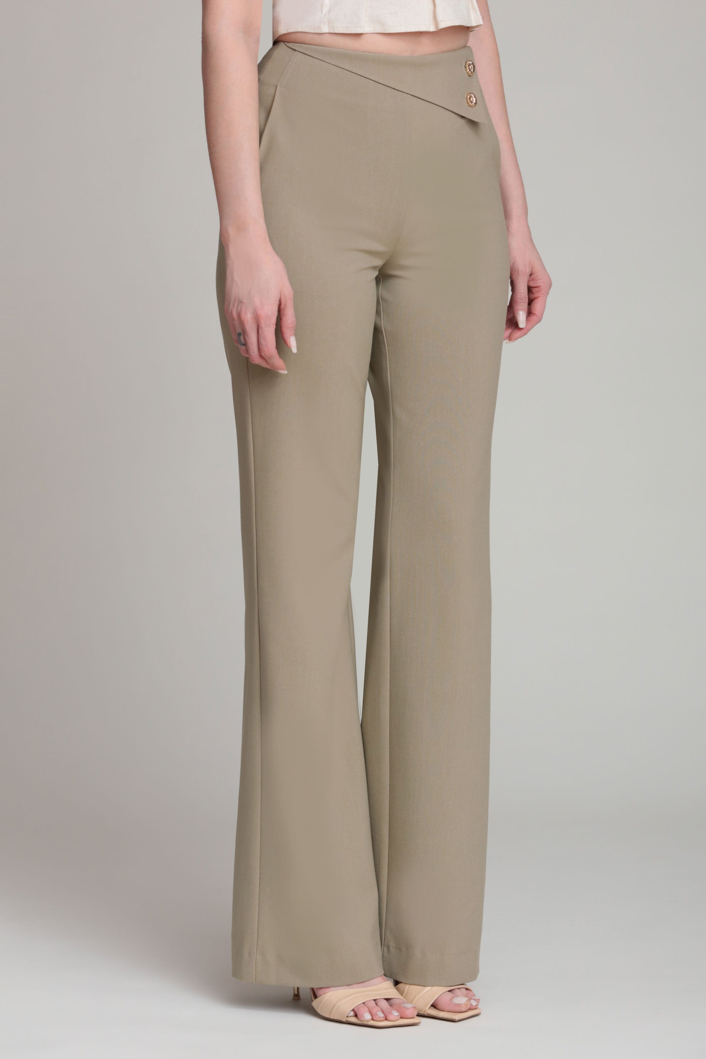 Asymmetric waist-tailored beige trousers with a high-rise waist - Shop women's cute trousers pants by Avec Les Filles