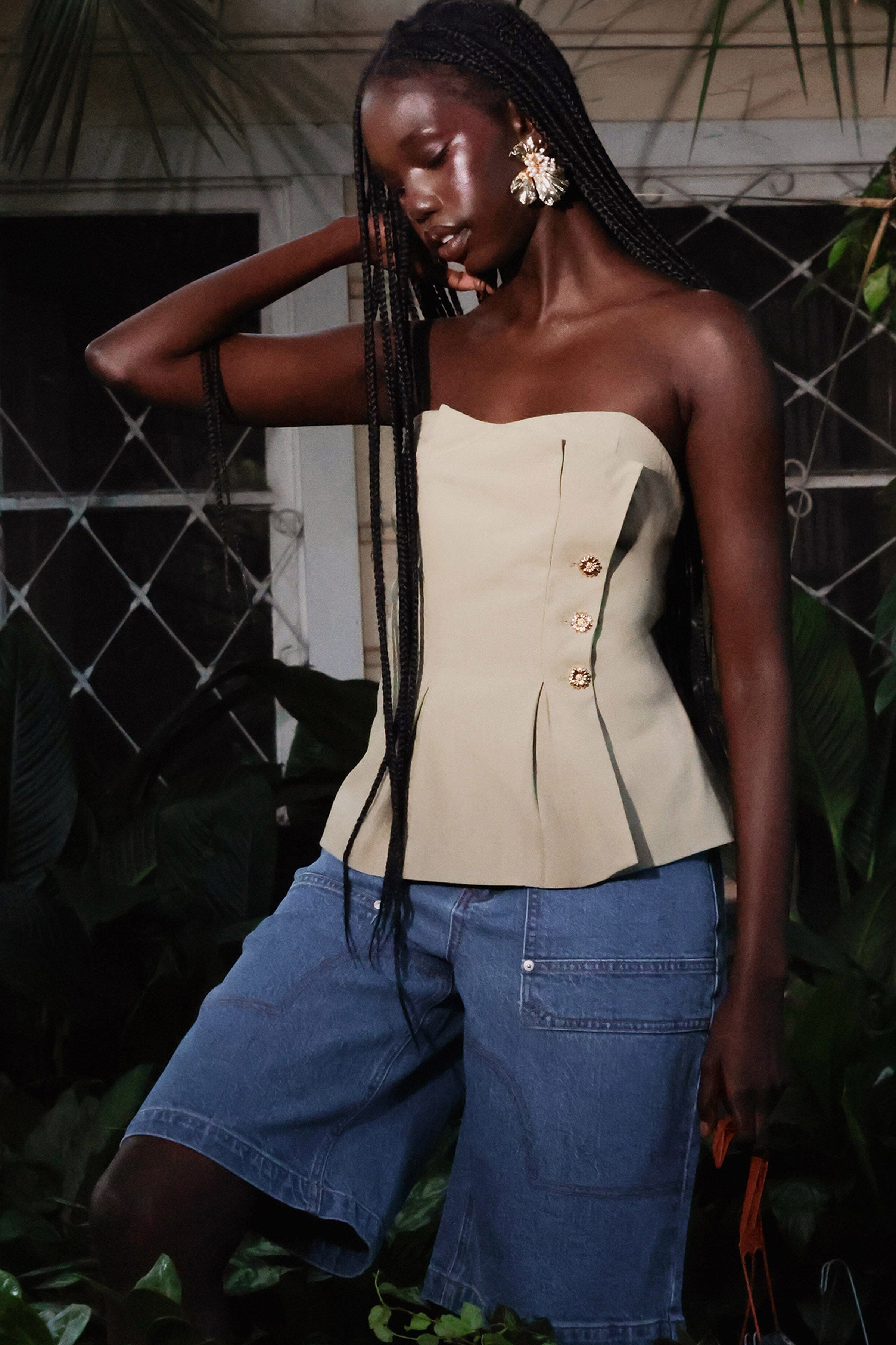 Bustier strapless green peplum top with front pleats - Shop designer peplum tops for women by Avec Les Filles