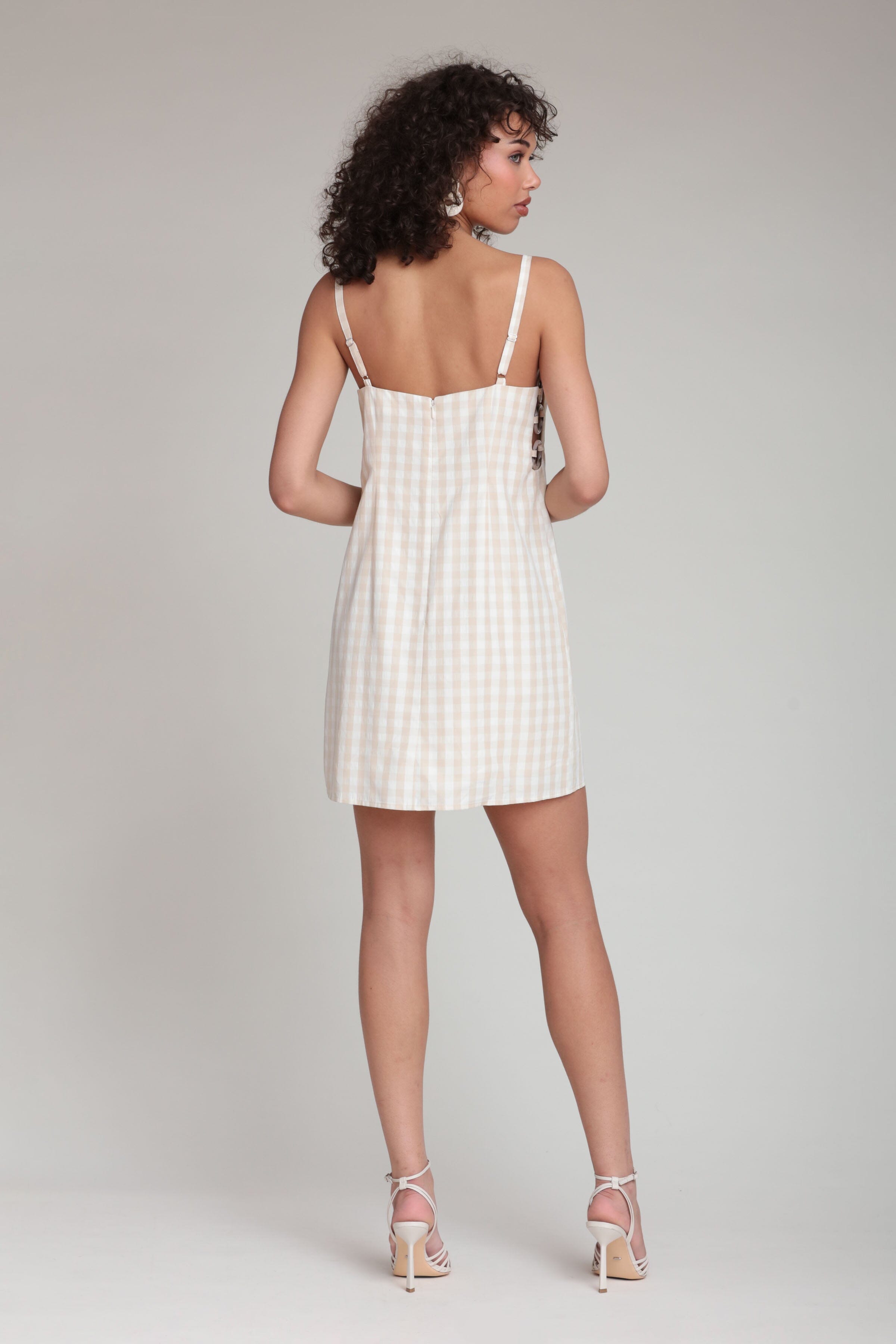Seersucker beige sleeveless gingham mini dress with boat neck - Shop women's cute mini dresses by Avec Les Filles