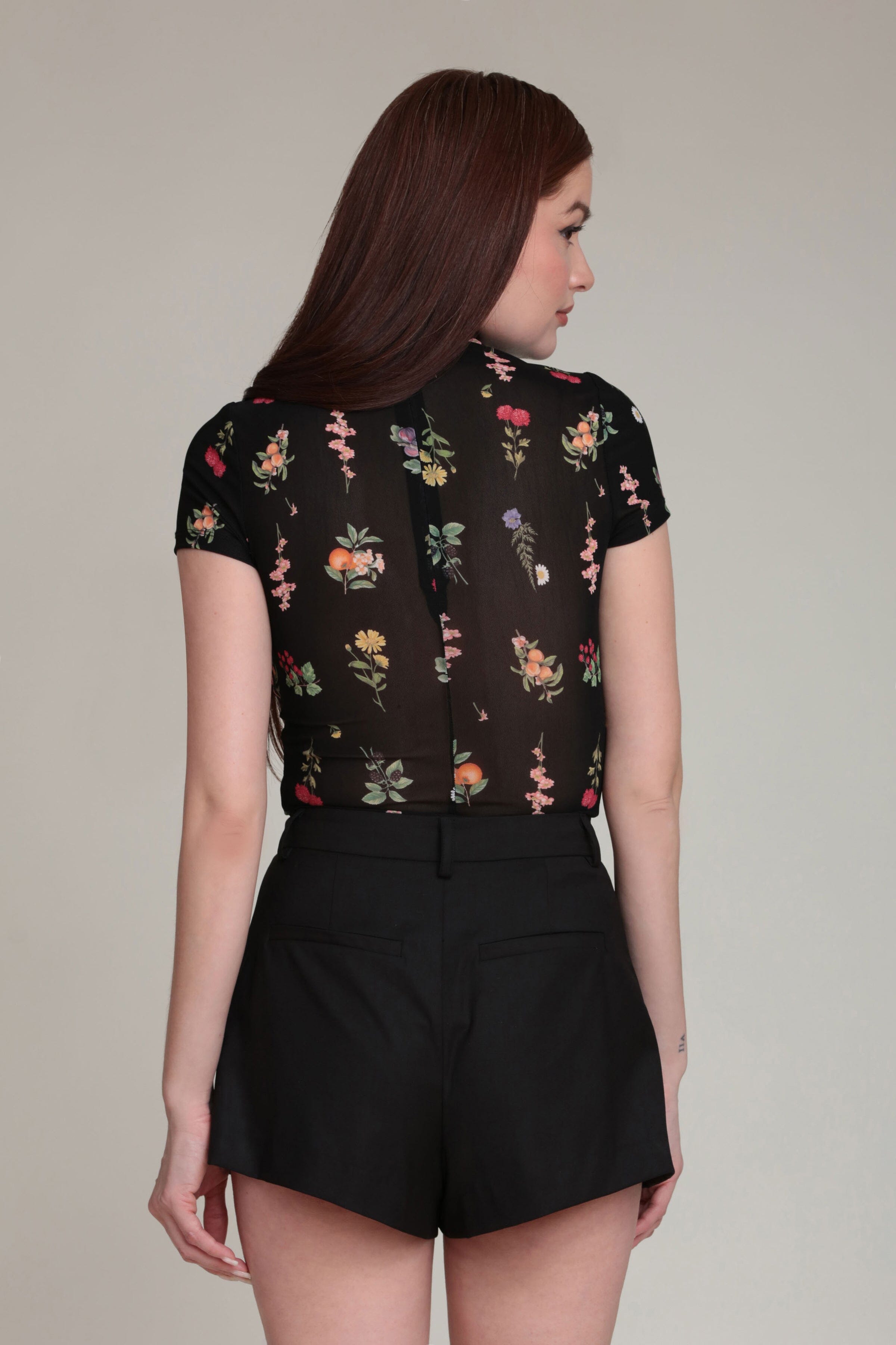 Mesh black floral top with short sleeves - Shop designer cute floral tops for women by Avec Les Filles
