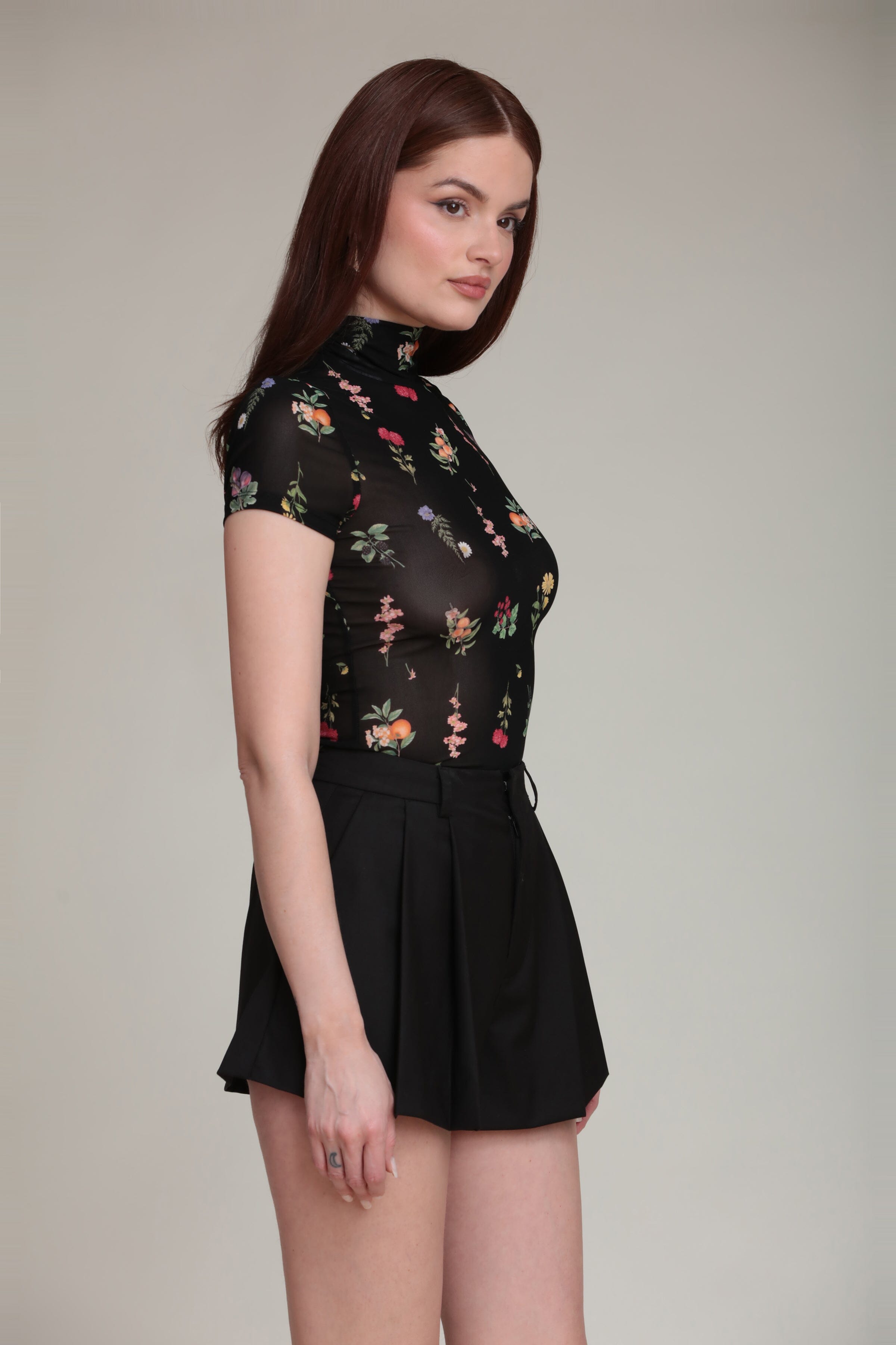 Mesh mock neck black floral top with short sleeves - Shop designer women's cute floral tops by Avec Les Filles