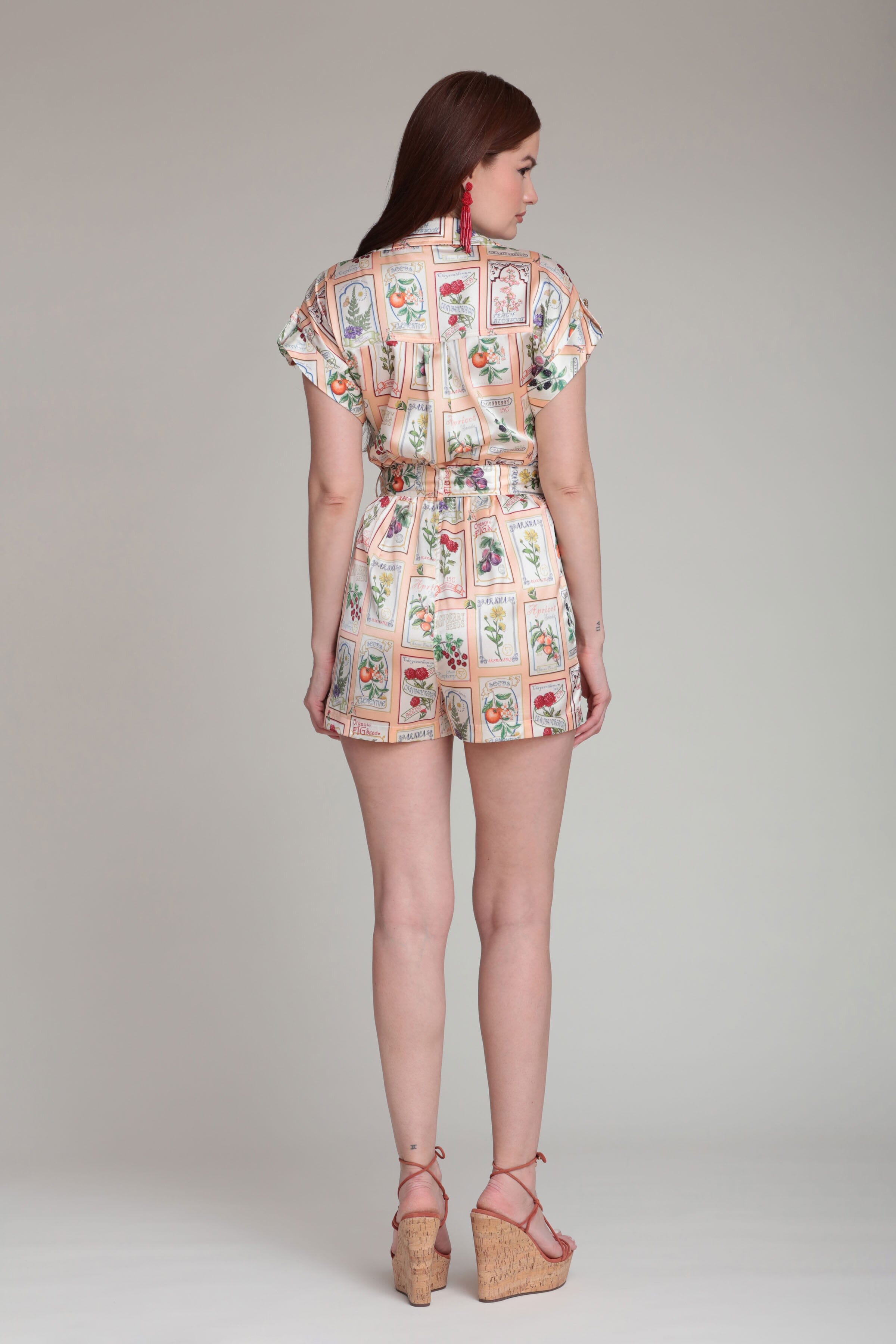 Satin fruit multicolor floral romper with a belt - Shop designer women's cute romper by Avec Les Filles