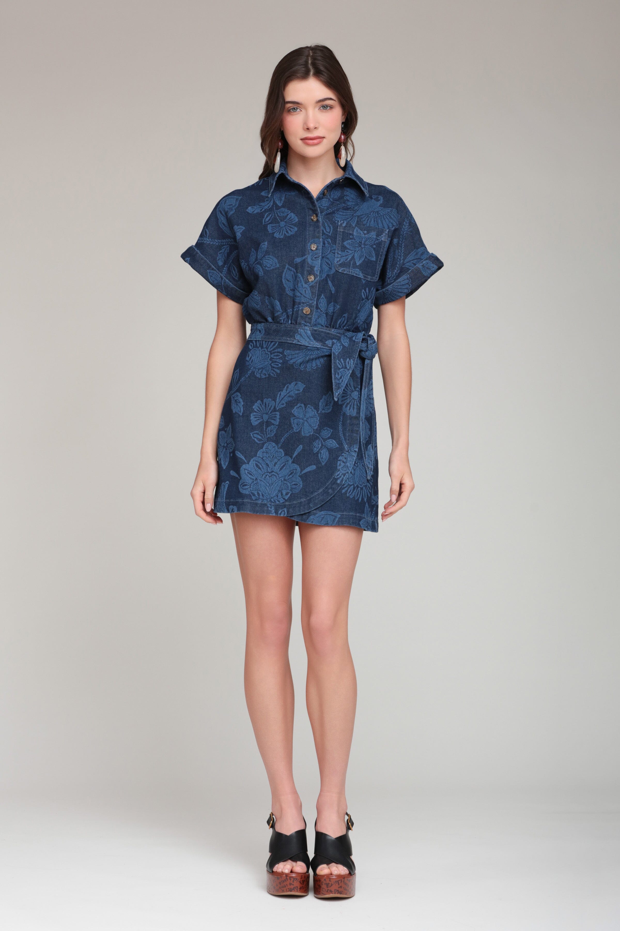 Printed denim wrap dress with short sleeves - Shop designer women's denim mini dresses by Avec Les Filles