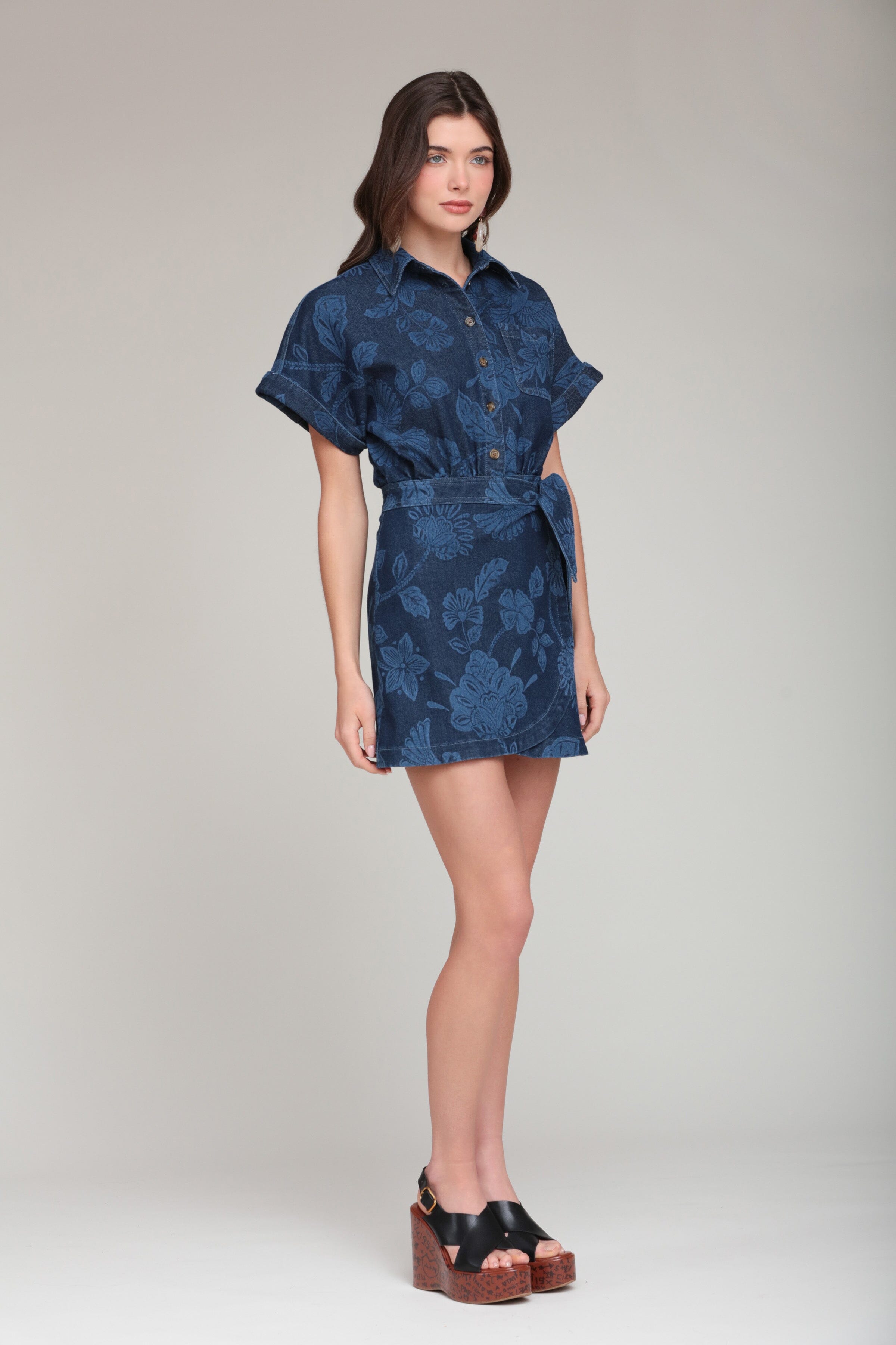 Printed wrap denim dress in cotton blend with short sleeves - Shop women's denim mini dresses by Avec Les Filles