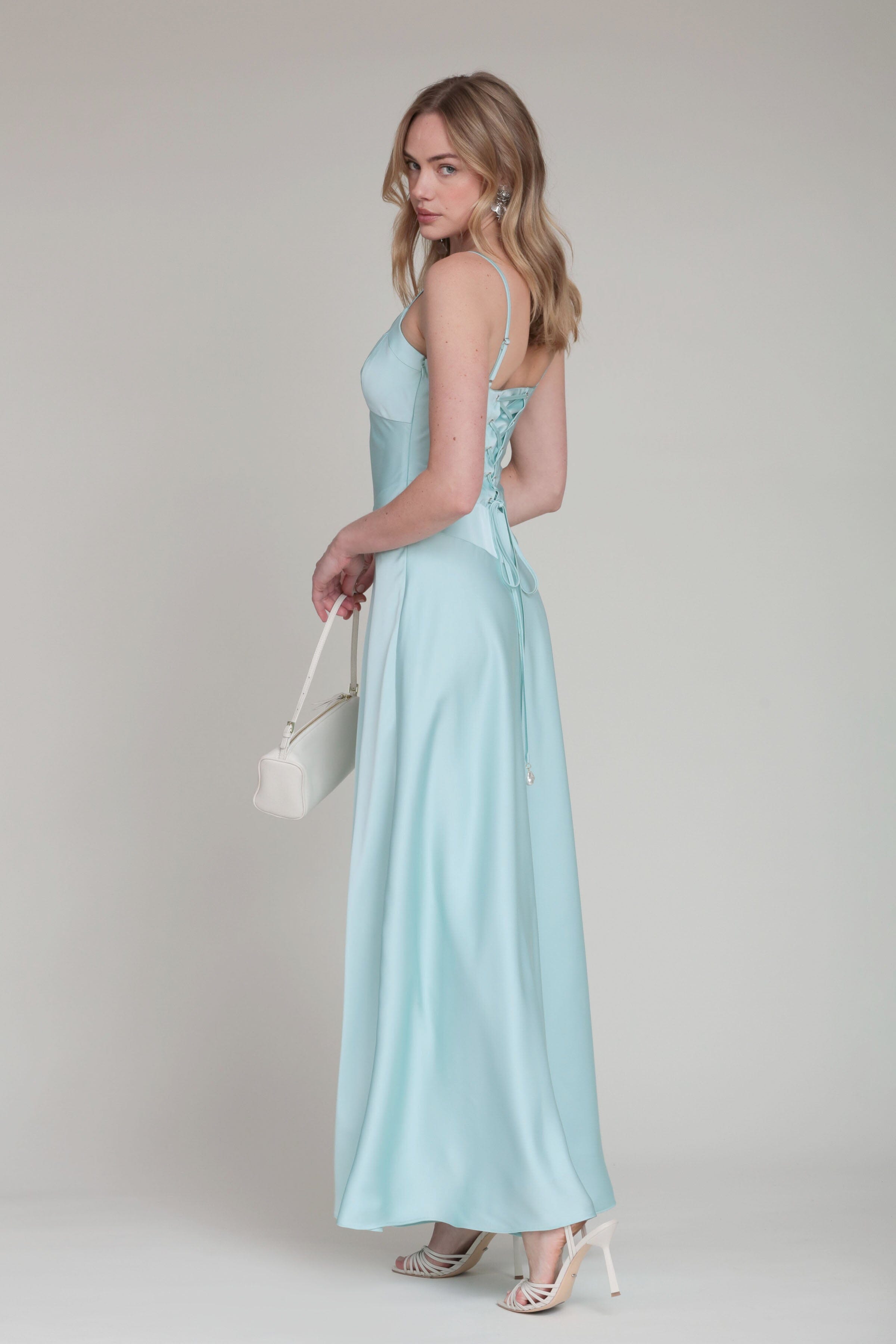 Blue satin maxi dress with adjustable spaghetti straps - Shop designer women's cute satin maxi dresses by Avec Les Filles