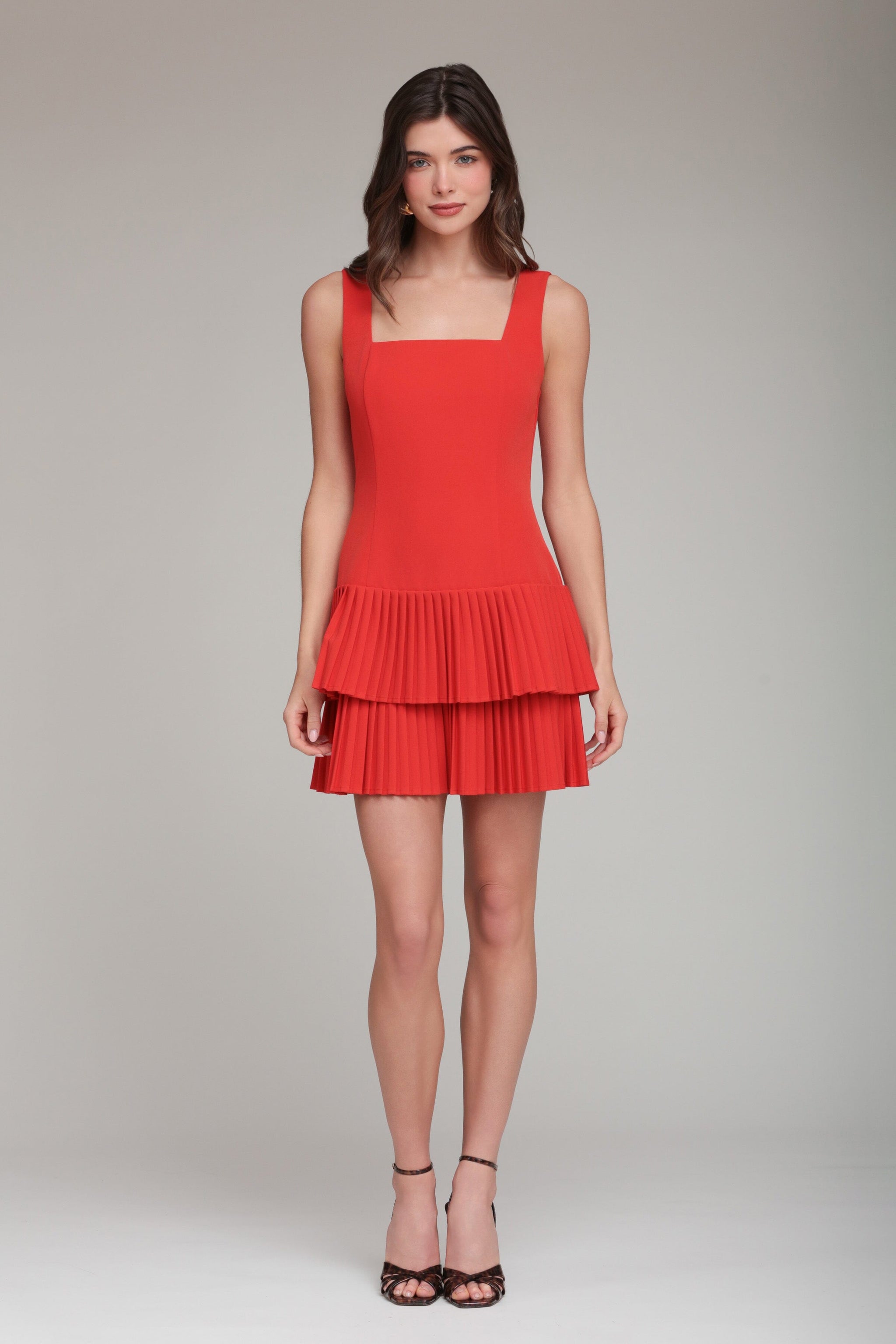 Drop Waist Pleated Tier Red Square Neck Dress